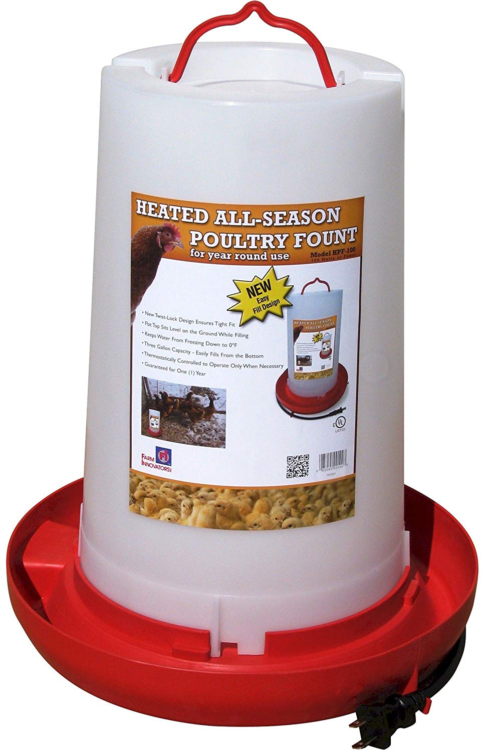 Farm Innovators Model HPF 100 All Seasons Heated Plastic Poultry Fountain 3 Gallon 100 Watt