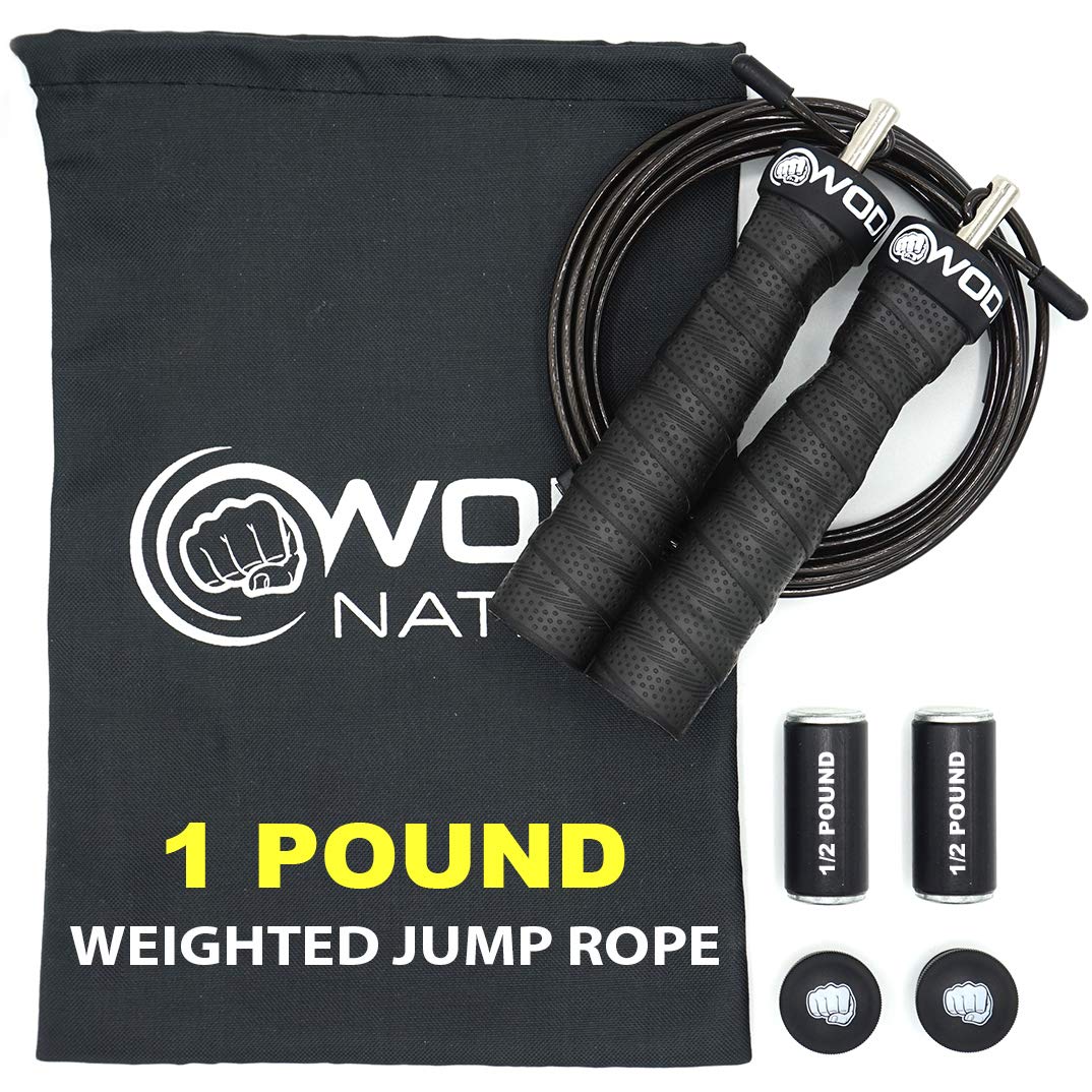 WOD Nation Weighted Jump Rope for Women & Men - 1 Pound Adjustable - Heavy Speed Jump Rope Handles with Removable Weights
