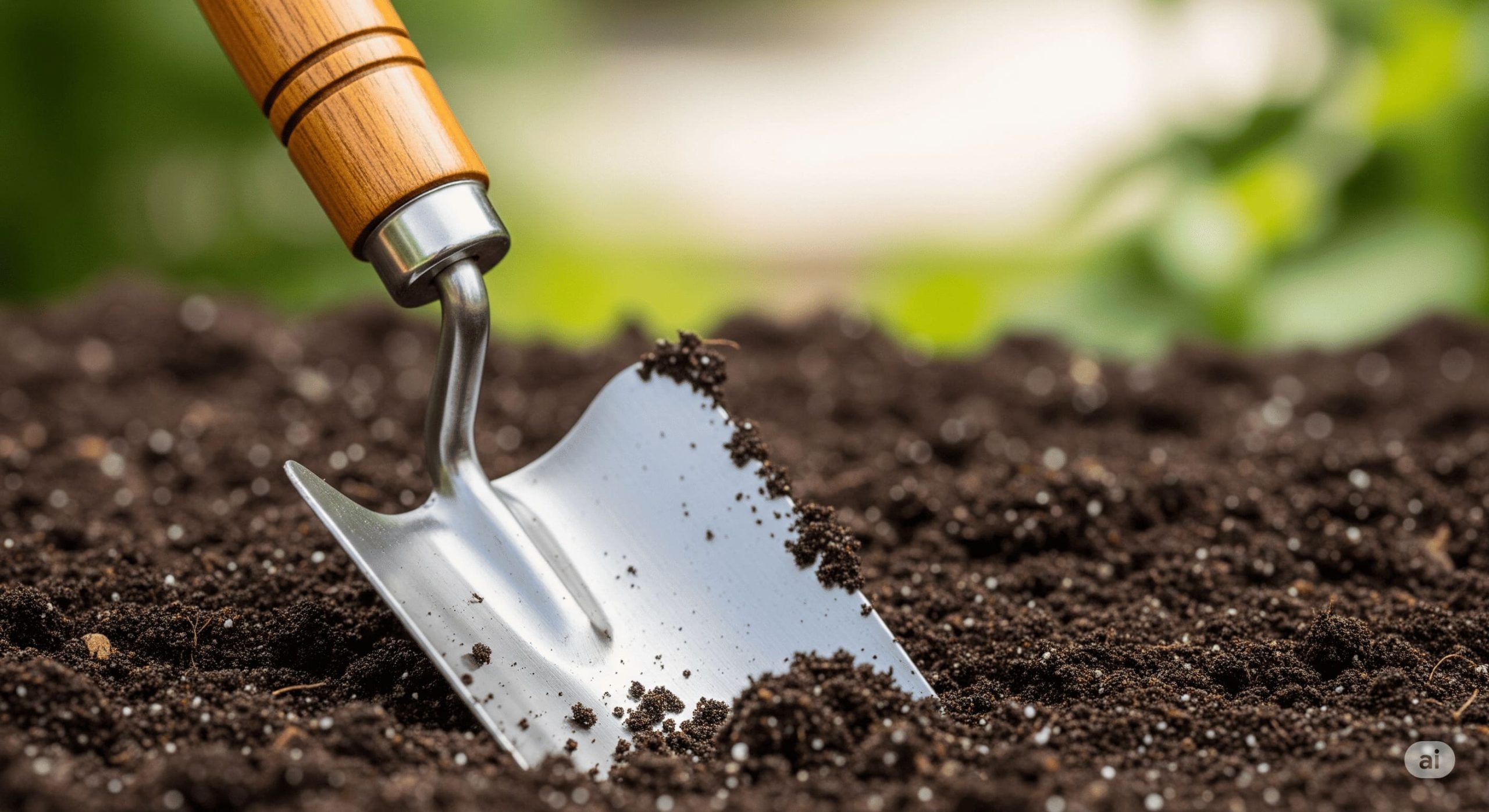 Close up image of a sturdy hand trowel partially embedded in rich garden soil scaled