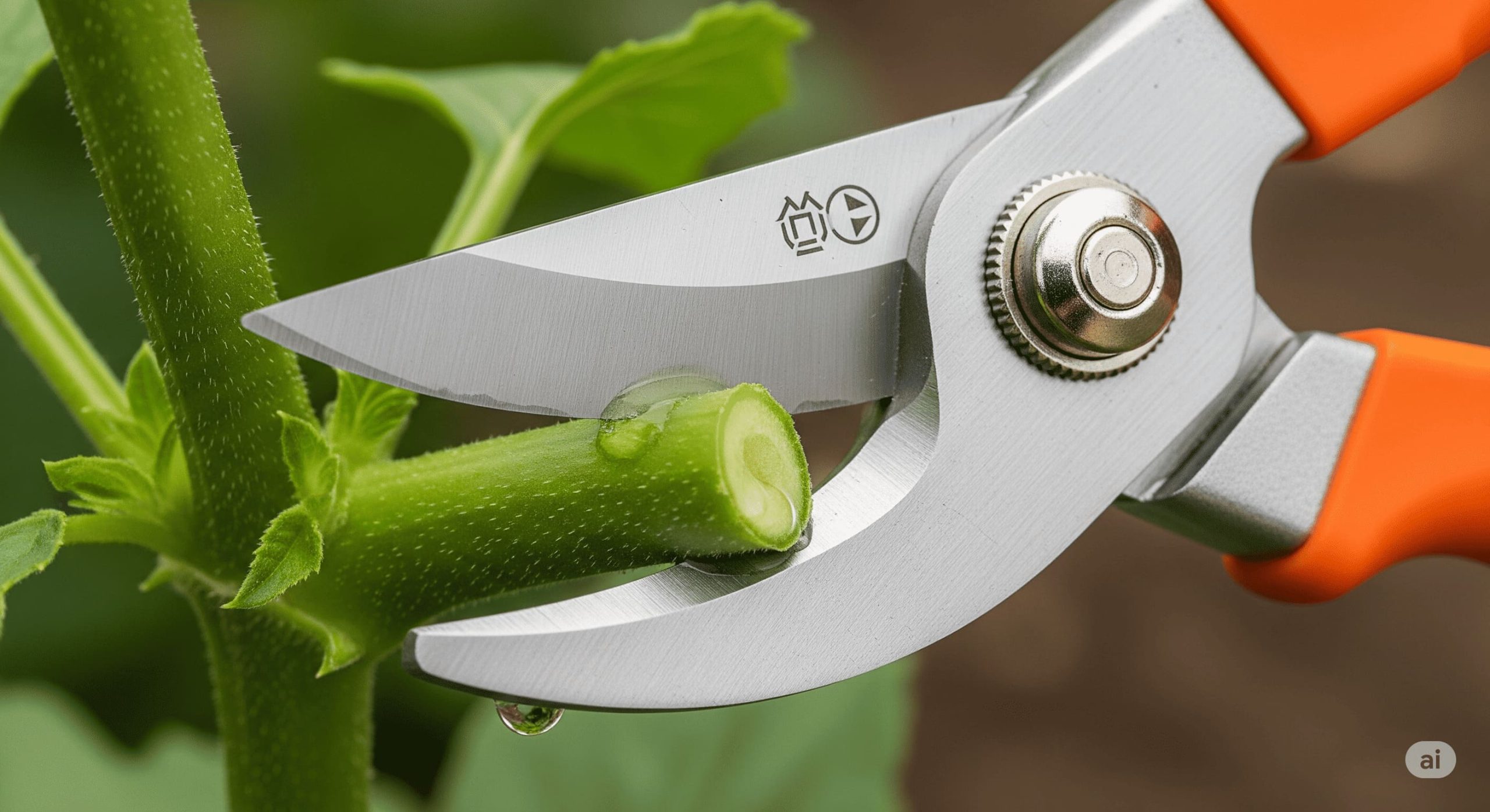 Close up image of sharp bypass pruning shears making a clean cut on a plant stem scaled