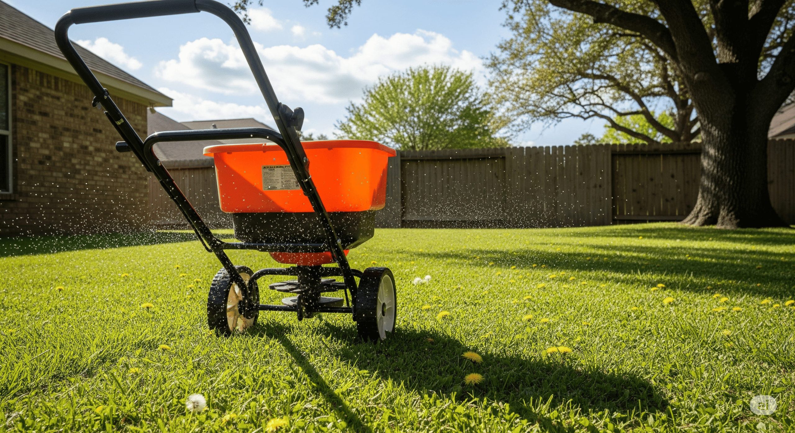 a broadcast spreader evenly distributing granular fertilizer on a green lawn scaled