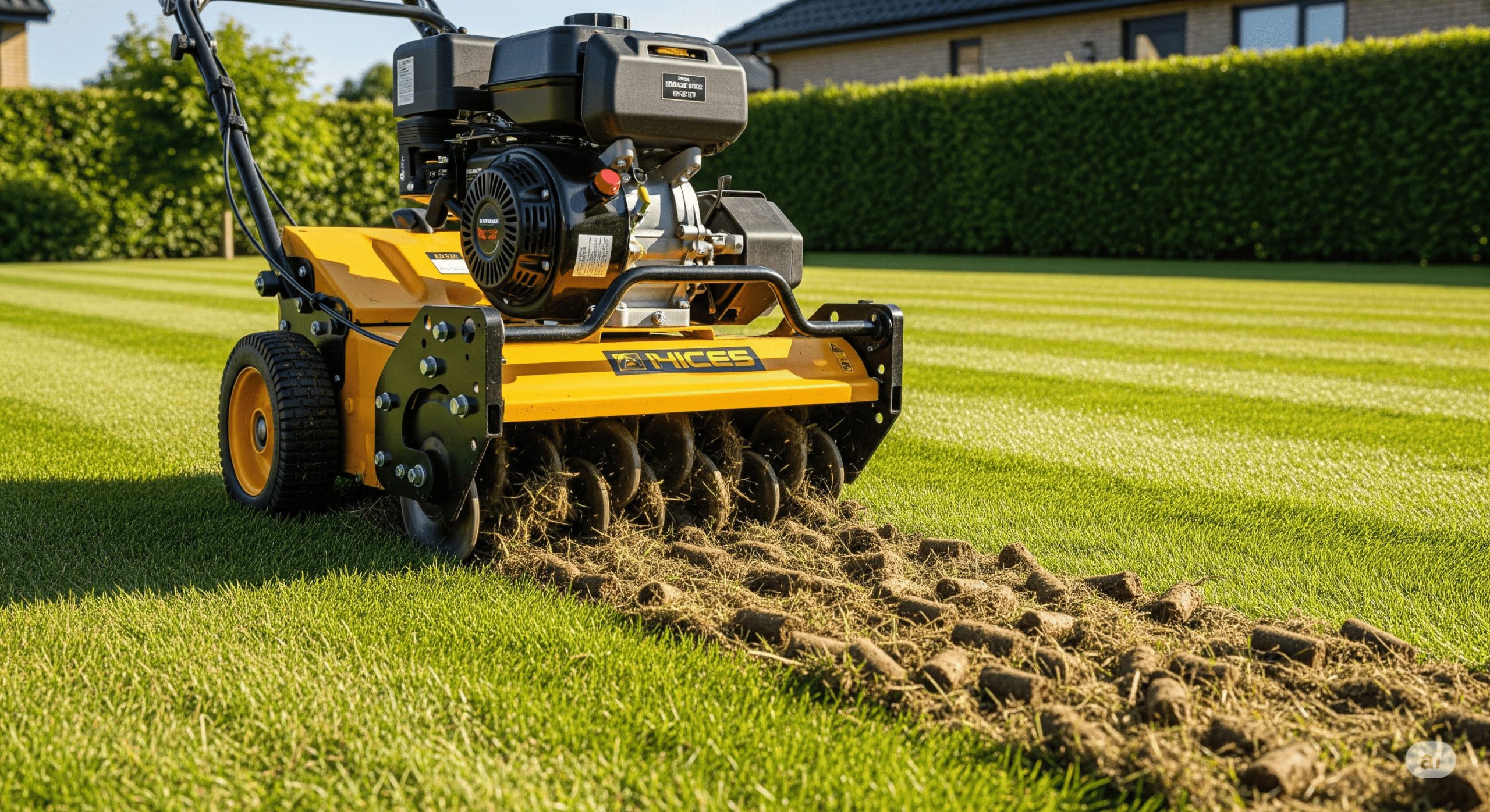 a core aerator machine pulling plugs of soil from a lawn scaled