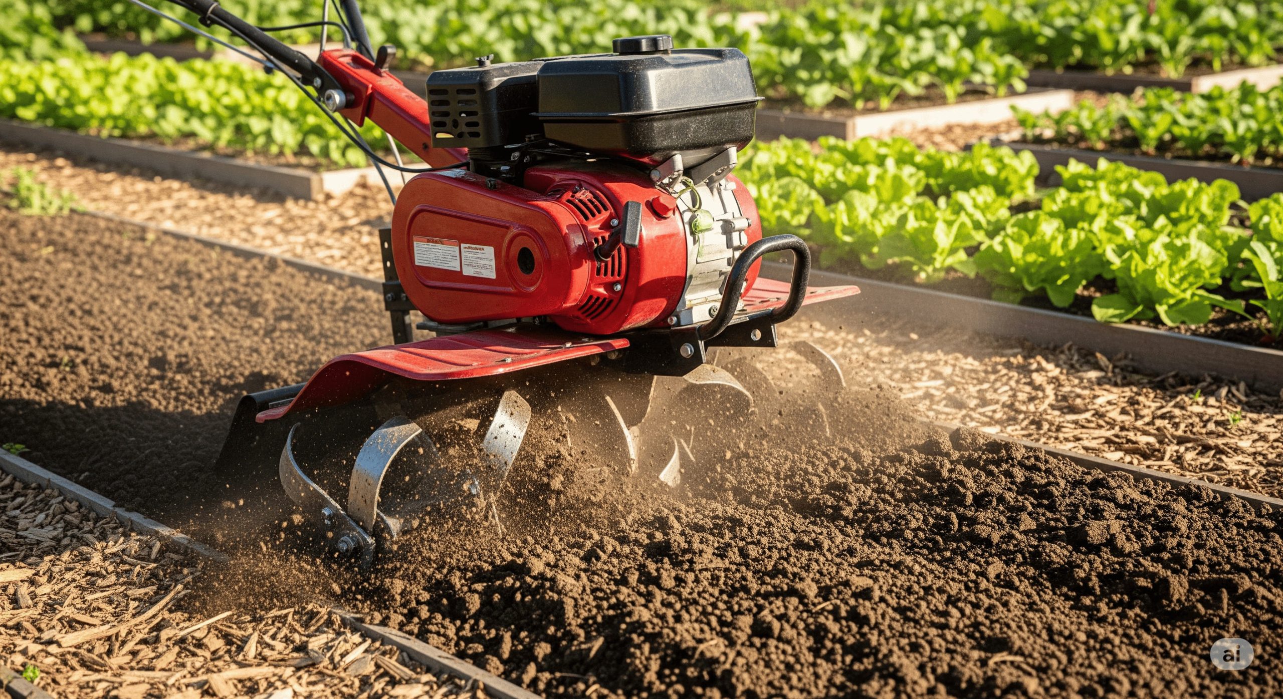 a front tine tiller vigorously breaking up soil in a vegetable garden scaled