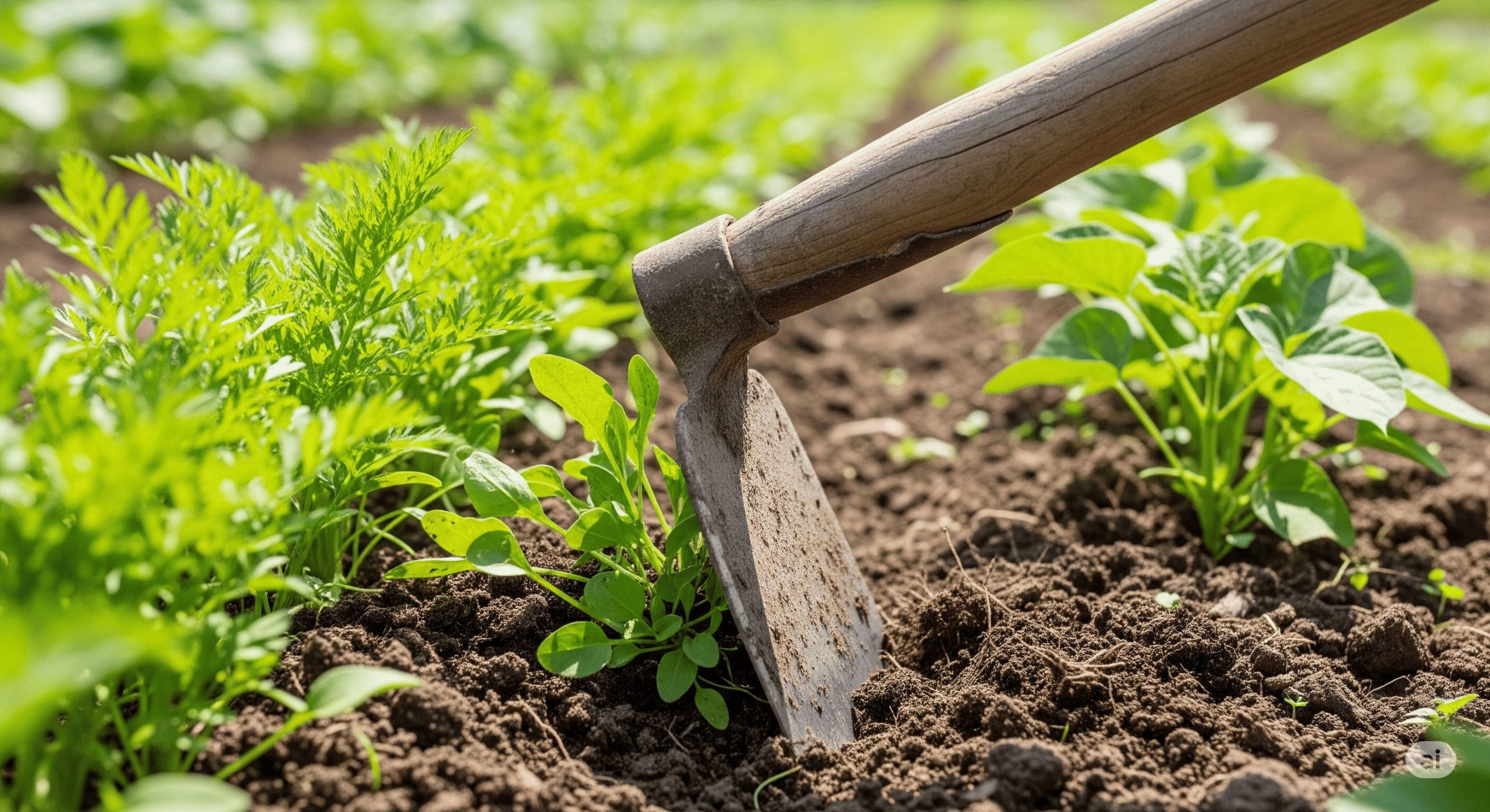 a garden hoe to remove weeds in a row of vegetables scaled