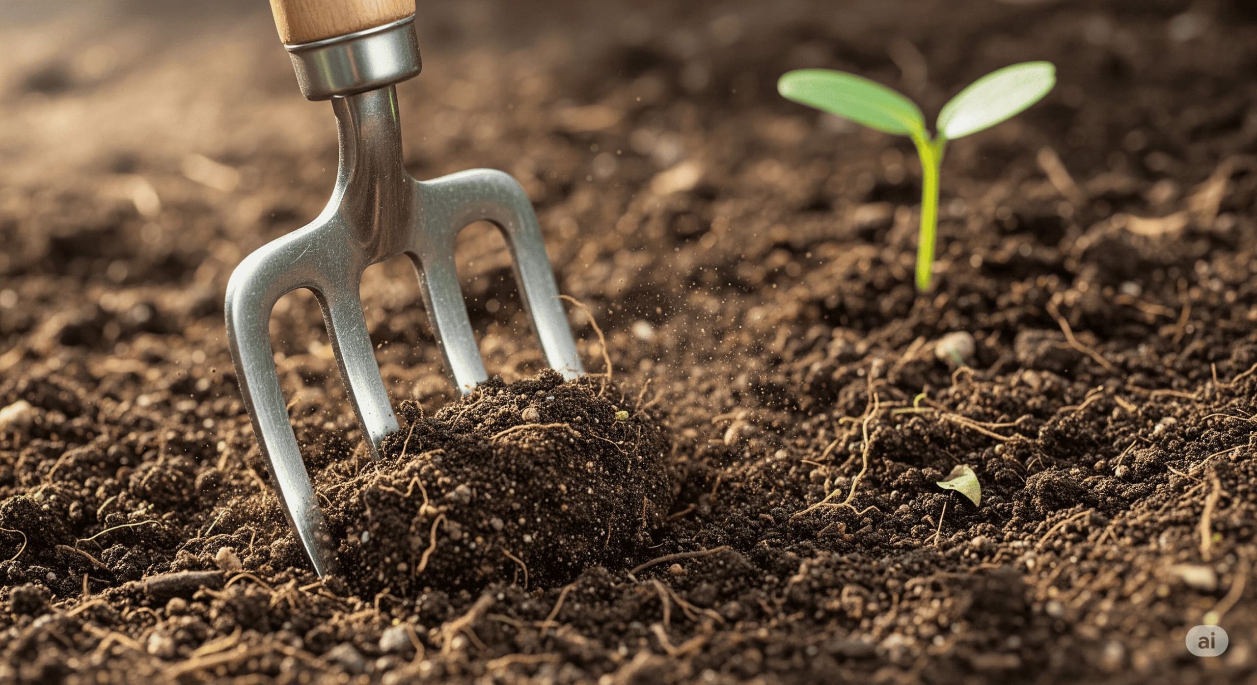 a hand fork being used to break up and aerate compacted garden soil scaled