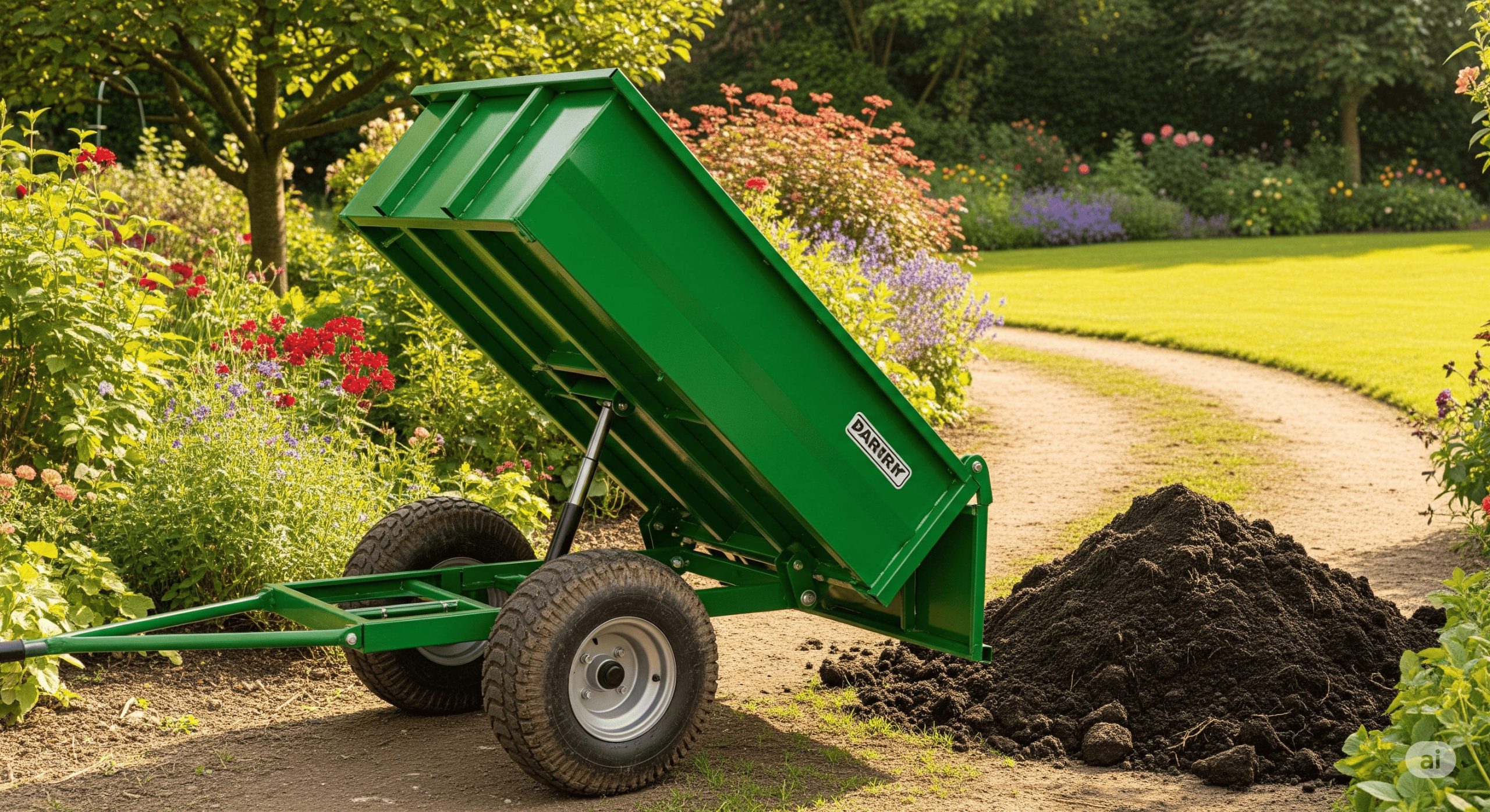 a heavy duty garden dump cart with an emptied load of soil scaled