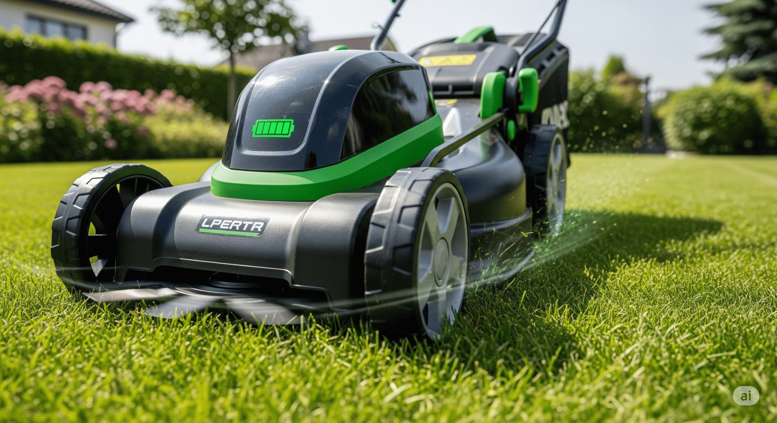 a modern battery powered lawn mower quietly cutting grass scaled