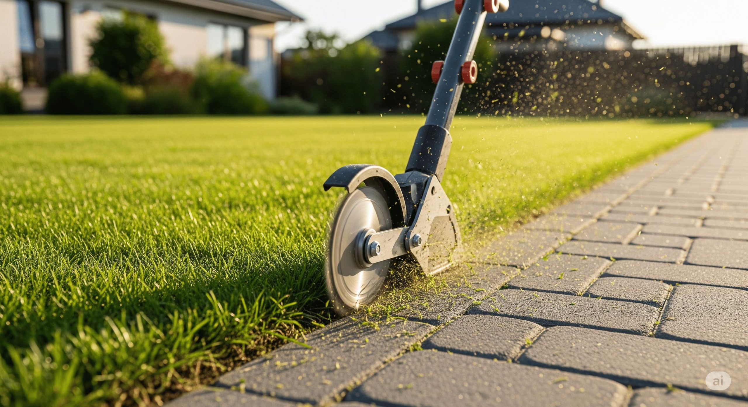 a modern lawn edger creating a clean, sharp line between a lawn and a walkway.