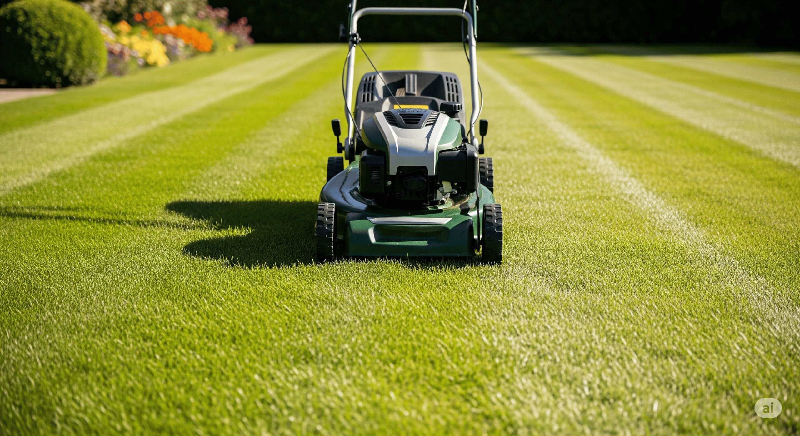 a modern push lawn mower cutting stripes into a neatly maintained lawn scaled