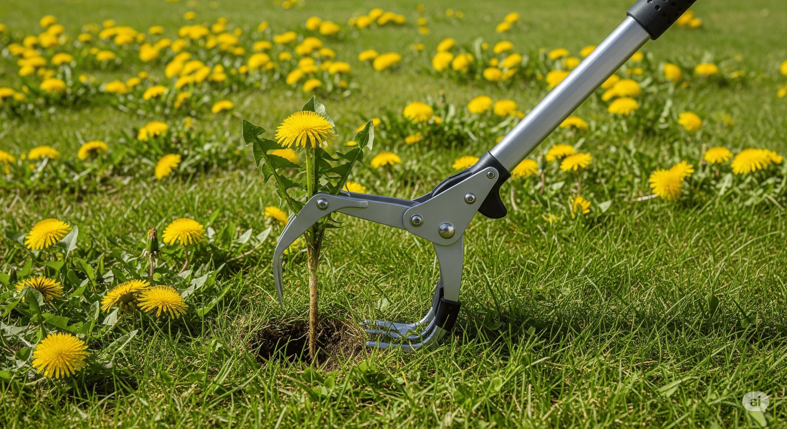 a modern weed puller in action removing a dandelion from a lawn without bending over scaled 1 scaled