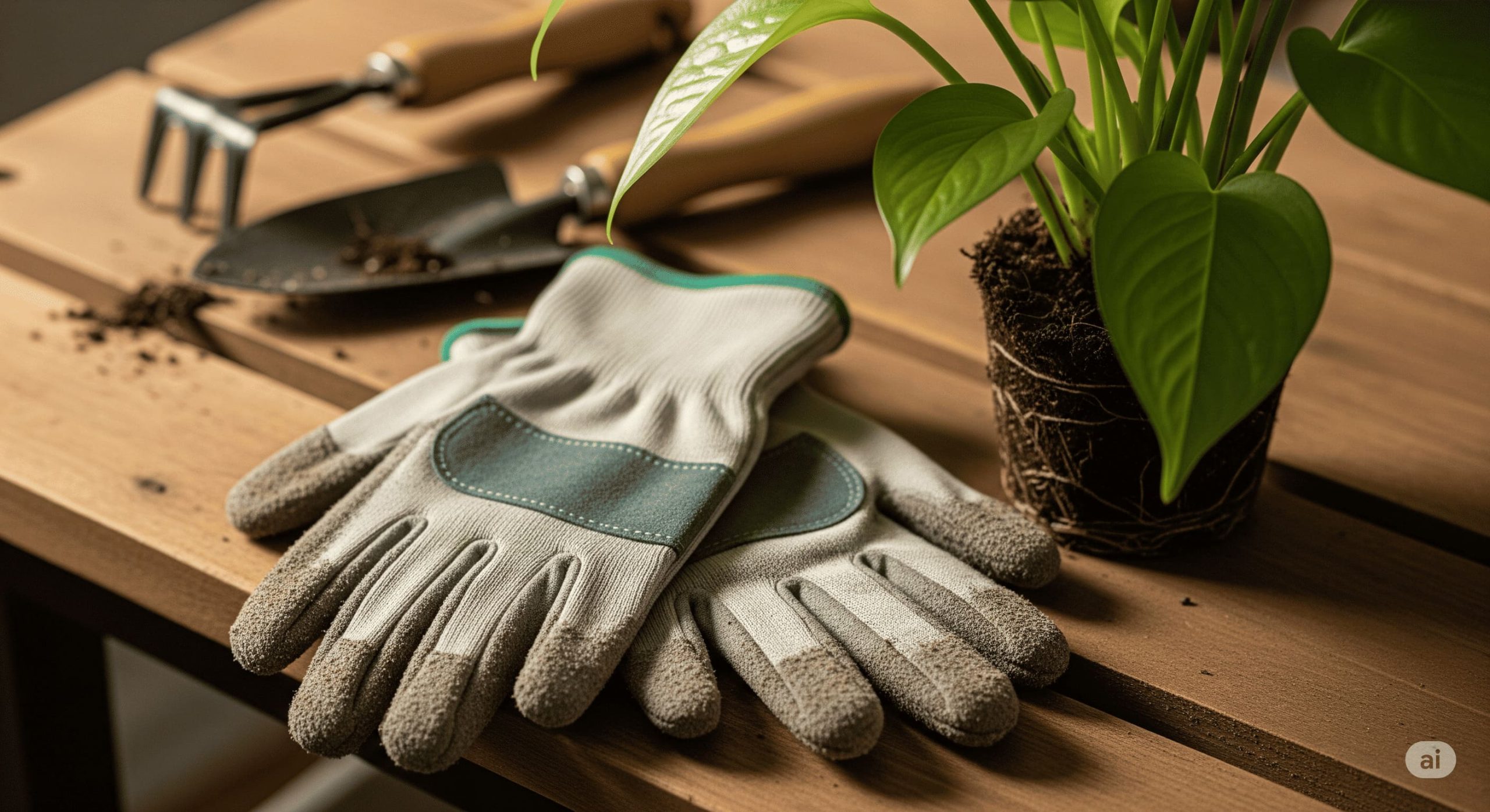 a pair of durable comfortable garden gloves resting next to a potted plant symbolizing protection scaled
