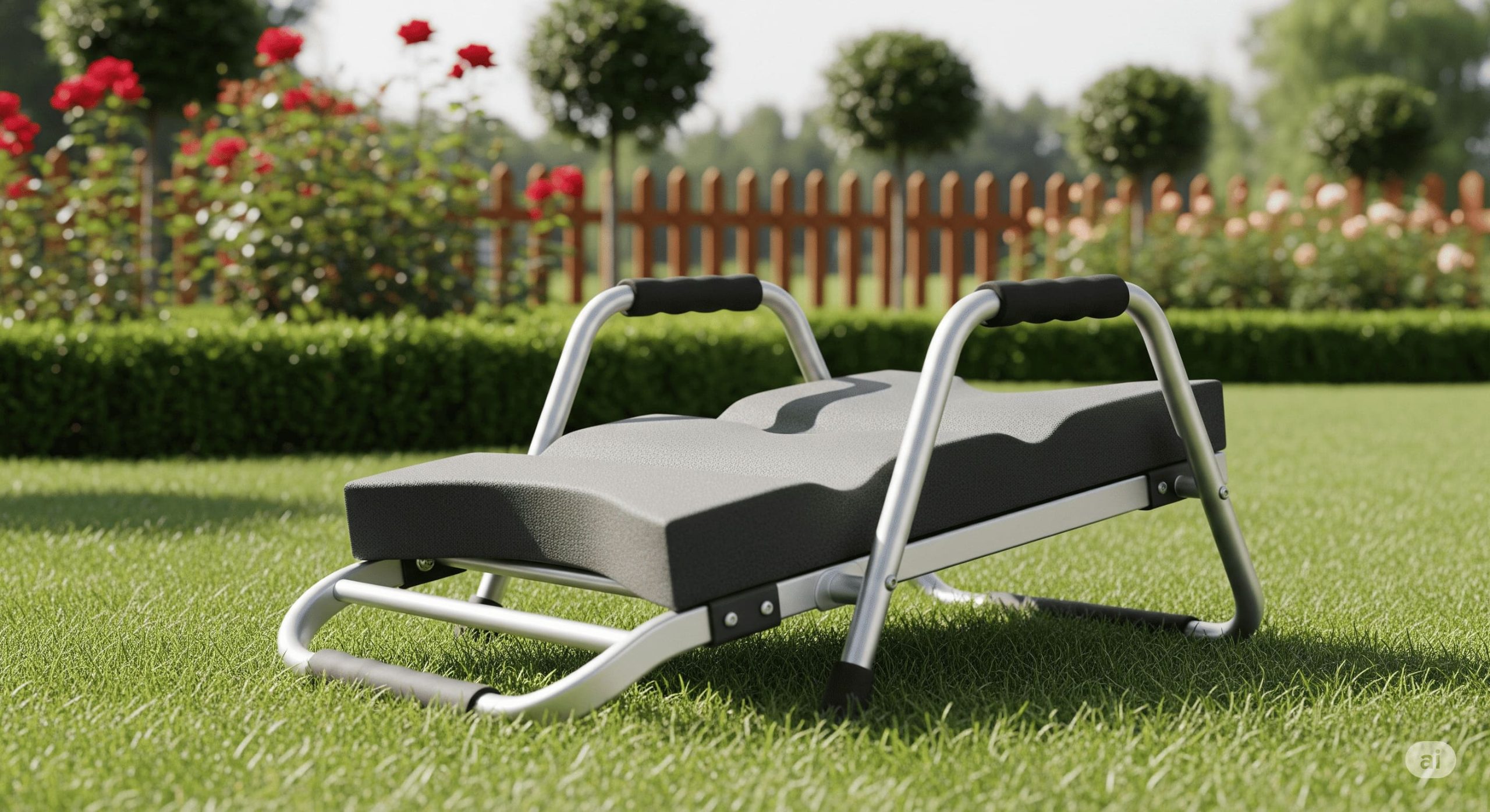 a person comfortably using a garden kneeler that converts to a seat while planting flowers scaled