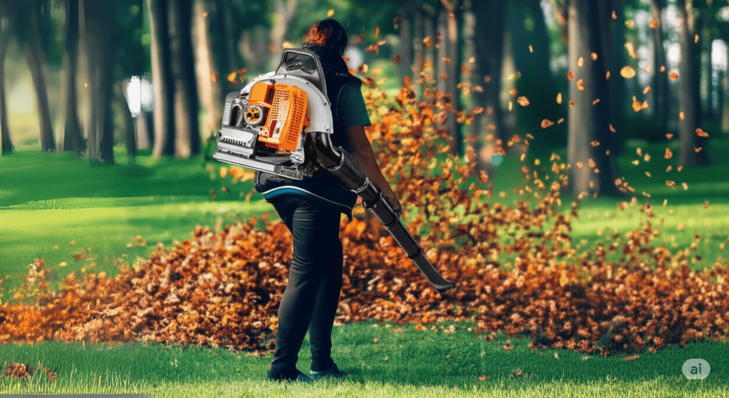 a person efficiently using a backpack leaf blower to clear a large pile of autumn leaves scaled