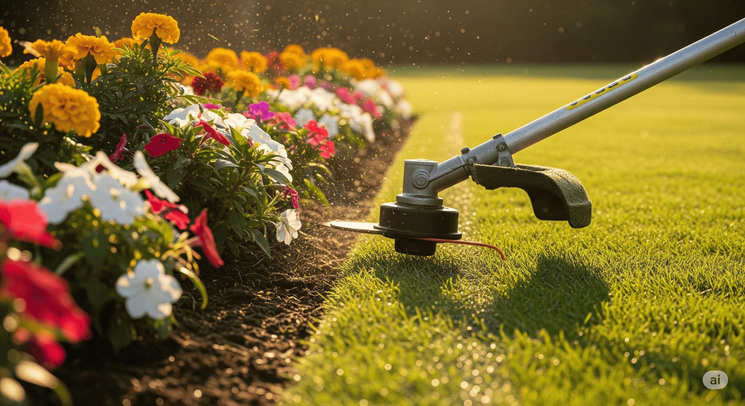 a person using a string trimmer to create a clean edge along a flower bed scaled