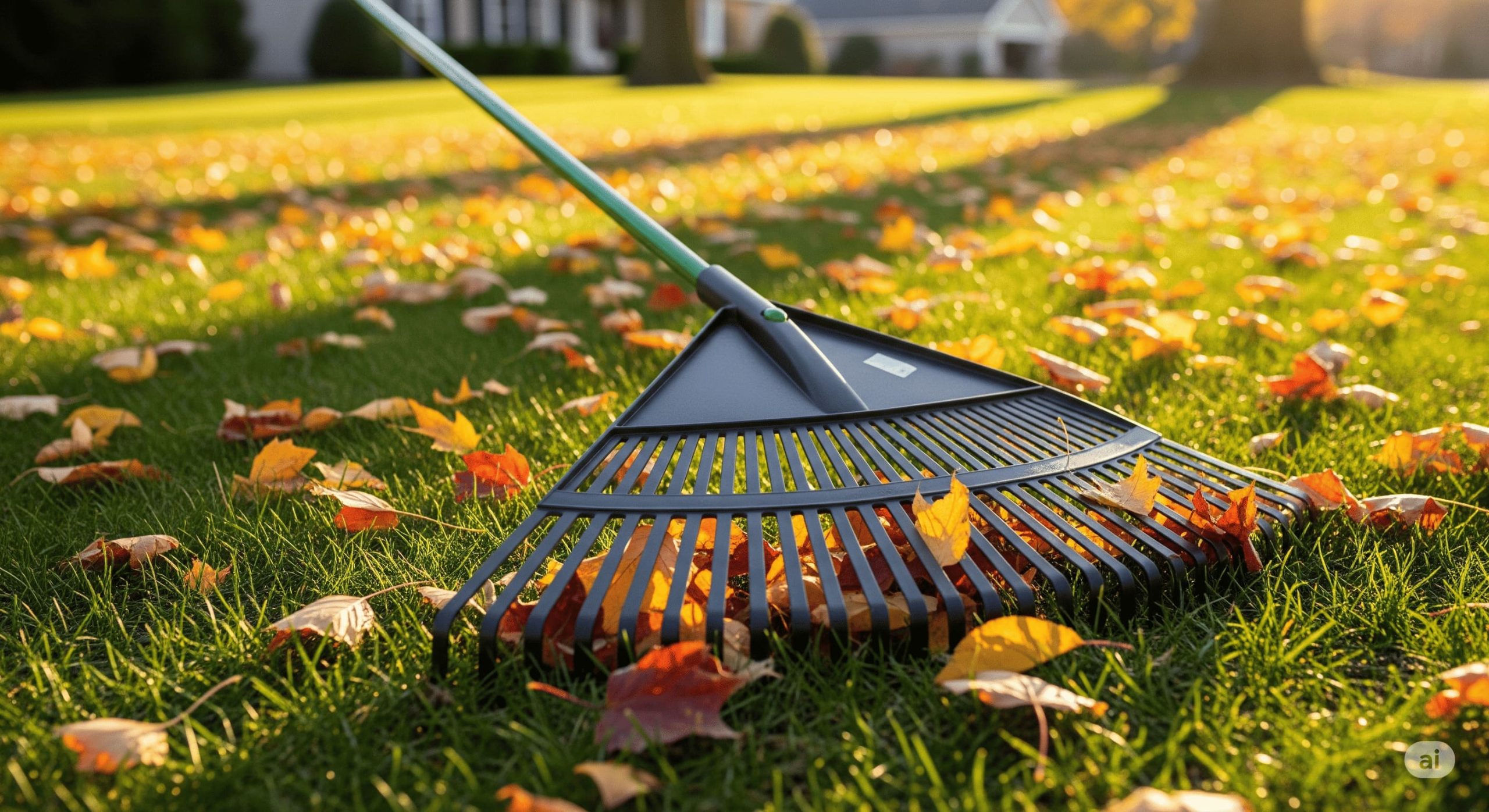 a person using a wide leaf rake to gather autumn leaves on a lawn scaled