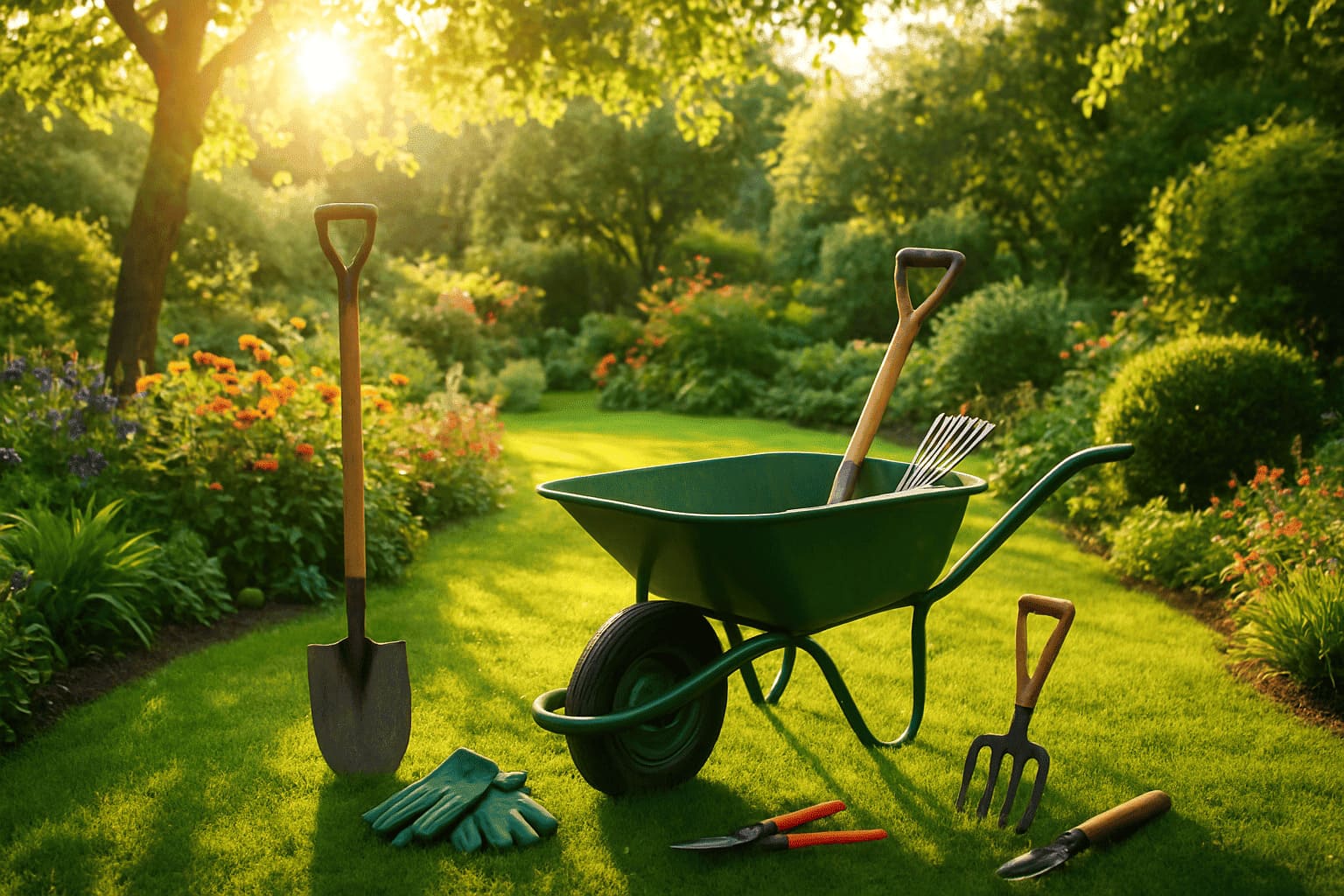 a picturesque garden bathed in sunlight hinting at the tools used for its upkeep