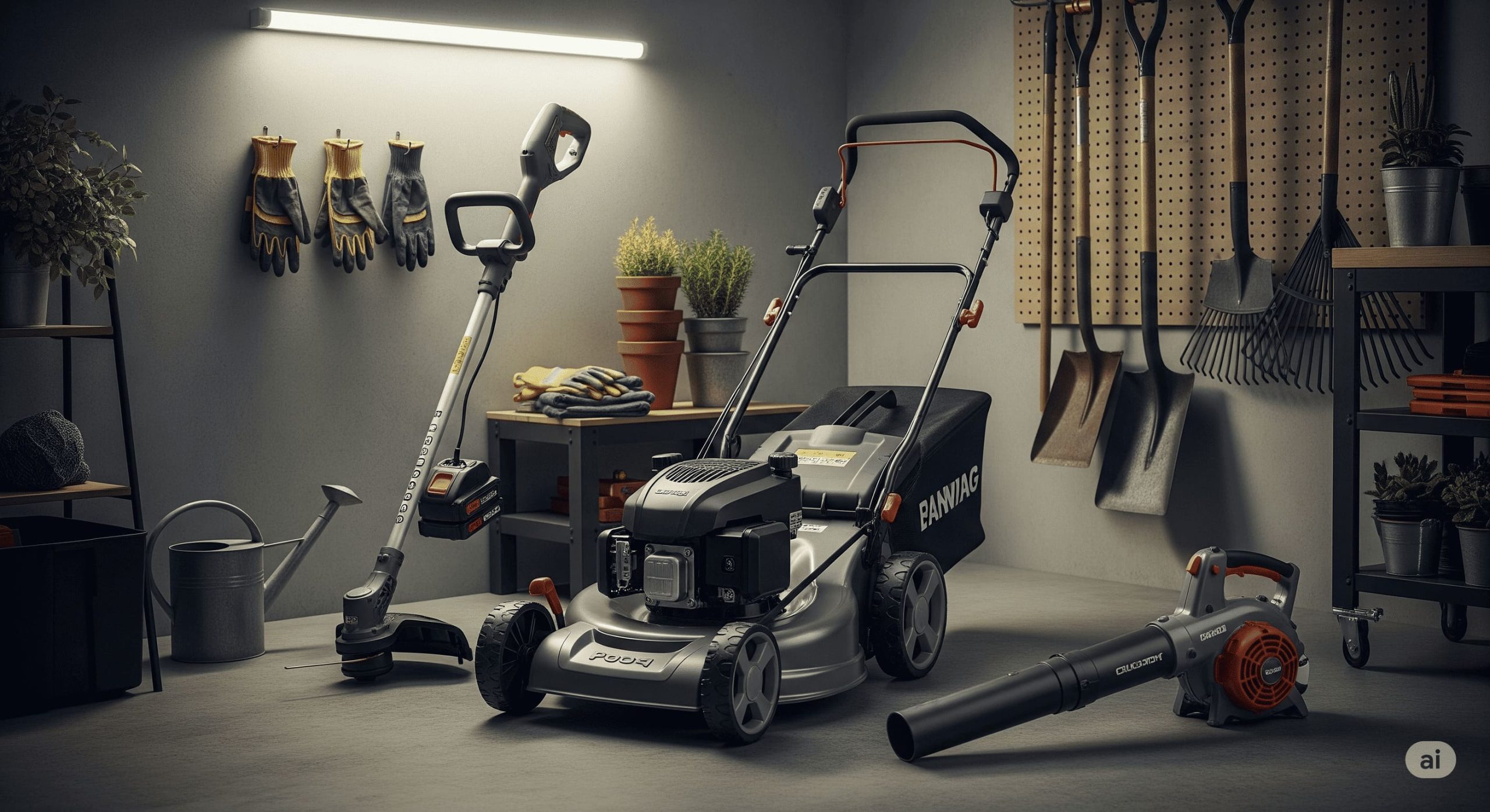 a range of power tools like a lawn mower string trimmer and leaf blower neatly arranged scaled