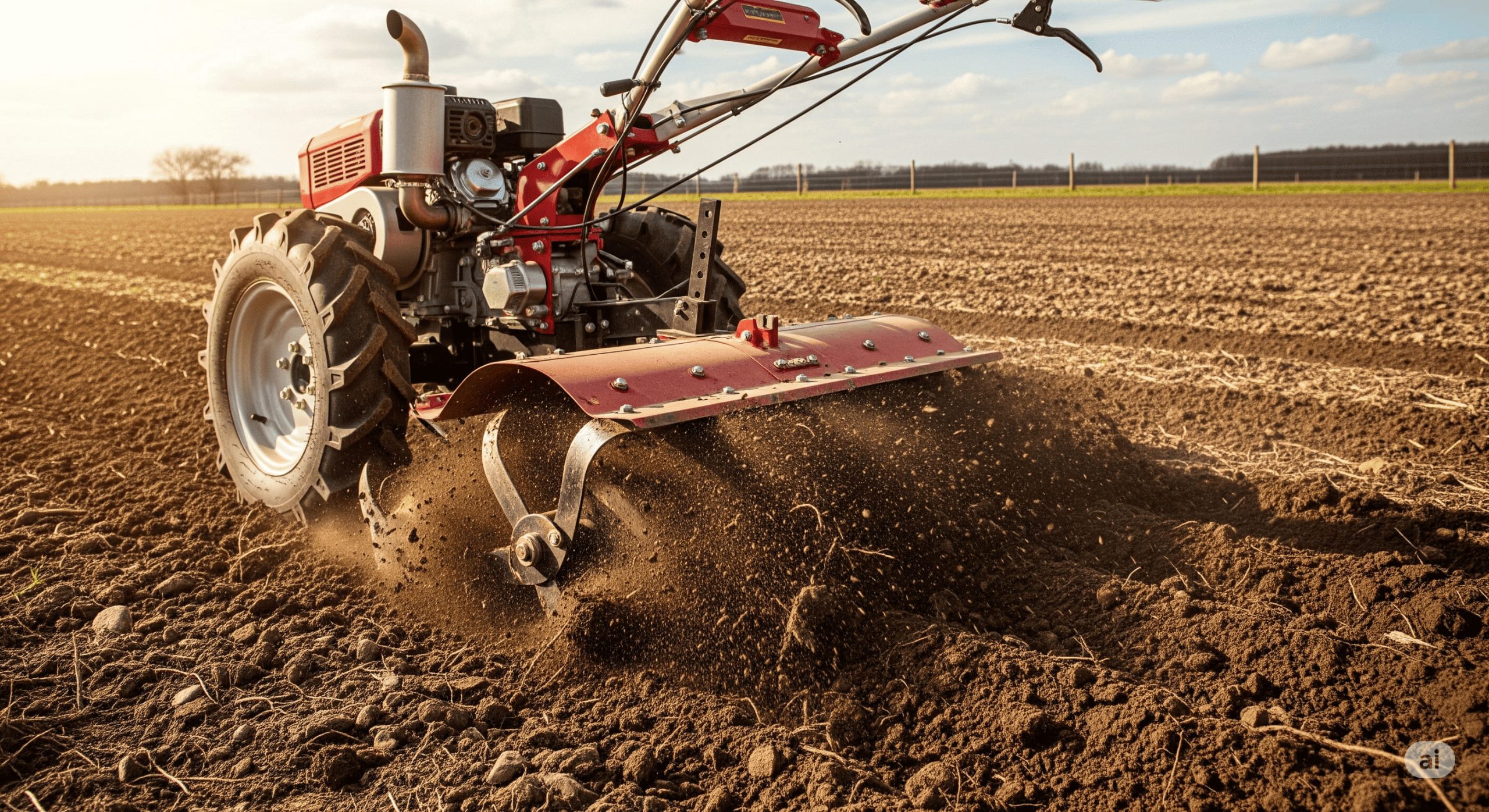a robust rear tine tiller powerfully breaking through dense untouched soil scaled