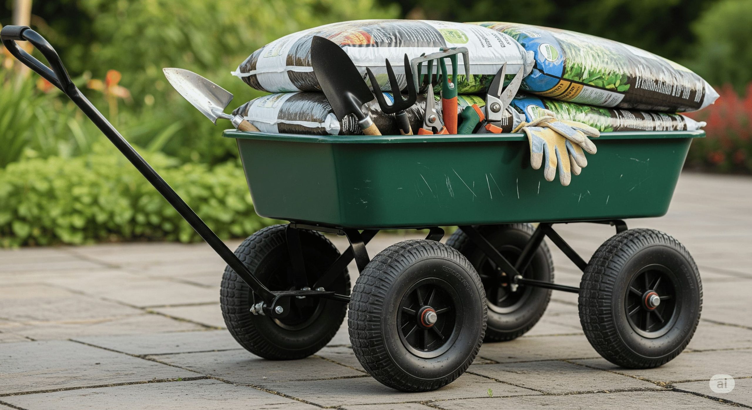 a sturdy garden cart with large wheels filled with gardening supplies like soil bags and hand tools scaled