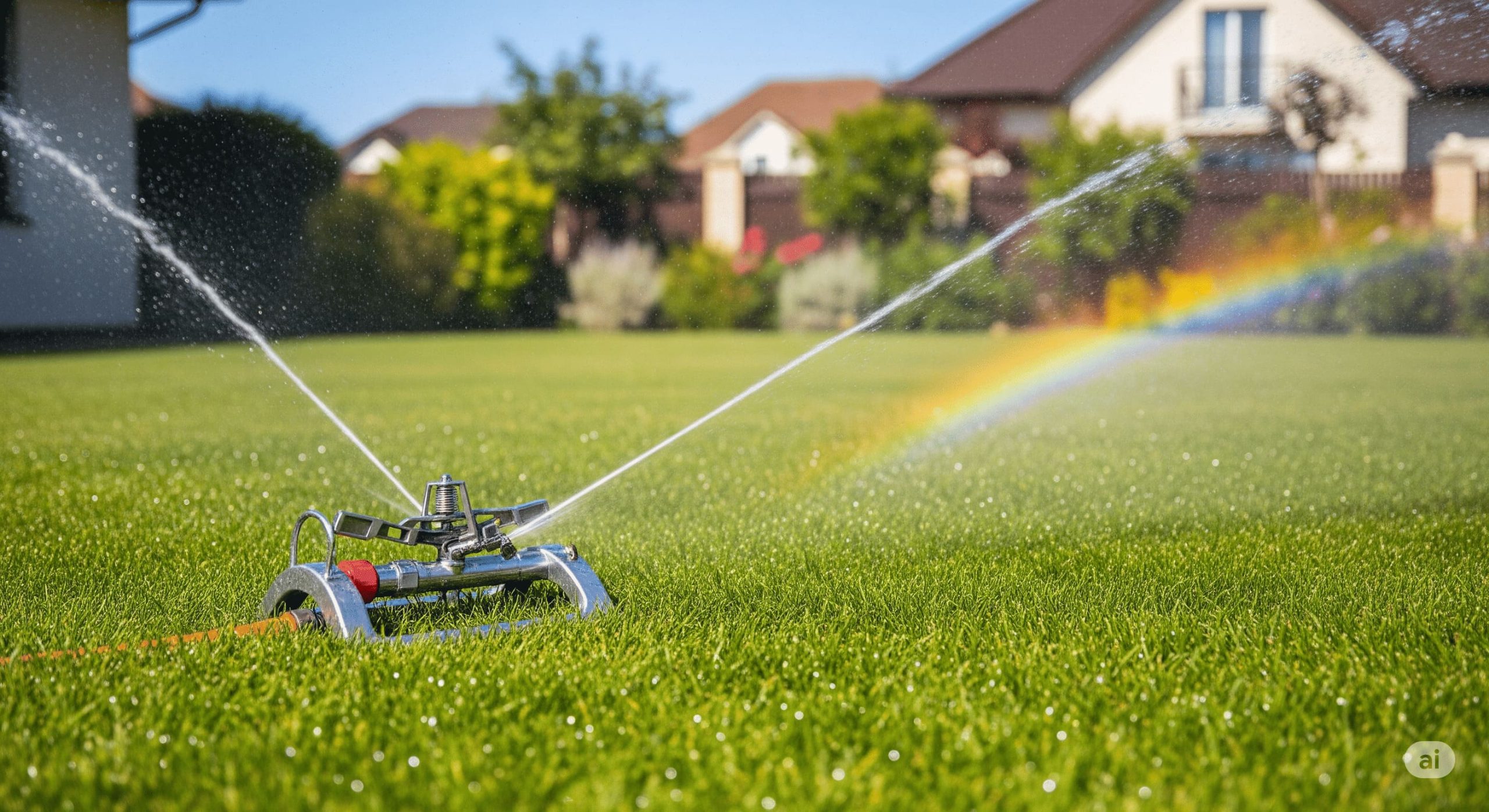 an oscillating sprinkler evenly watering a segment of a lawn scaled