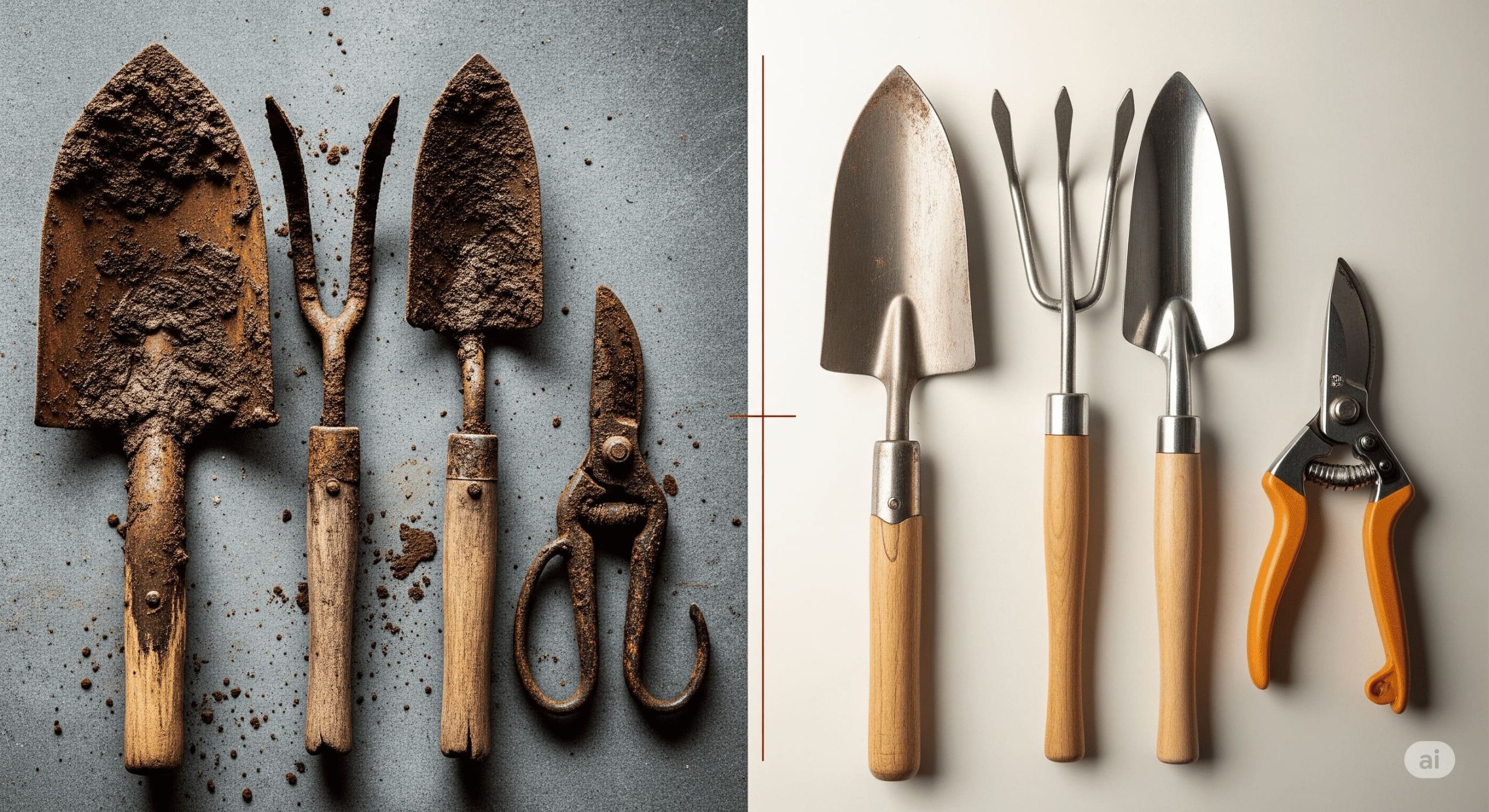 contrasting a set of rusty neglected gardening tools with another set that is clean shiny and well oiled scaled
