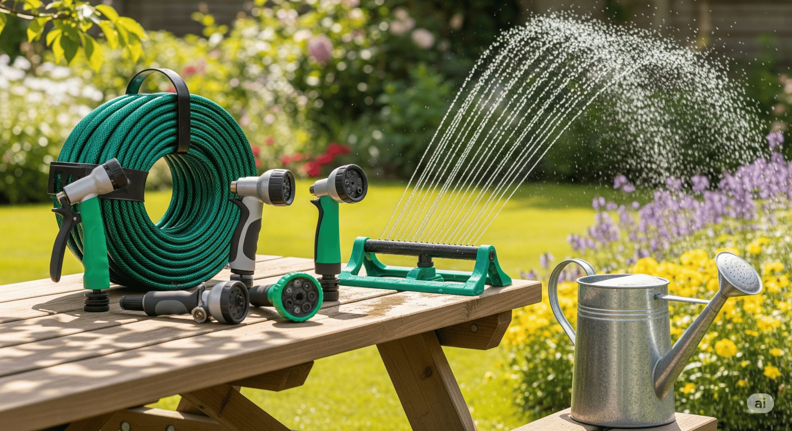 displaying a selection of watering tools a coiled garden hose various spray nozzles a gentle oscillating sprinkler and a classic watering can scaled