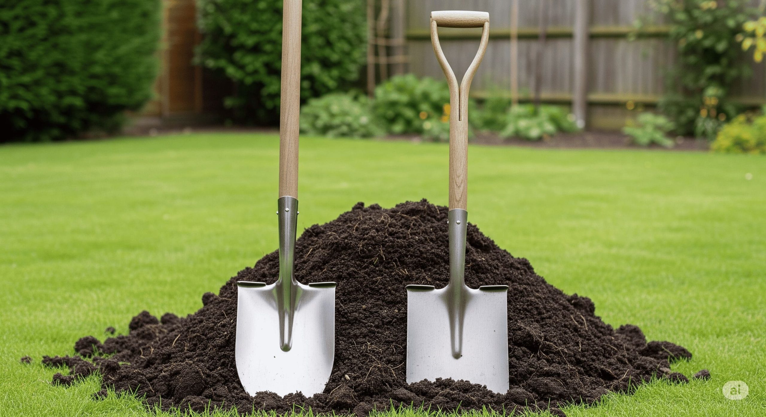 displaying two types of shovels a round point shovel for digging and a square point spade for moving materials leaning against a pile of soil scaled