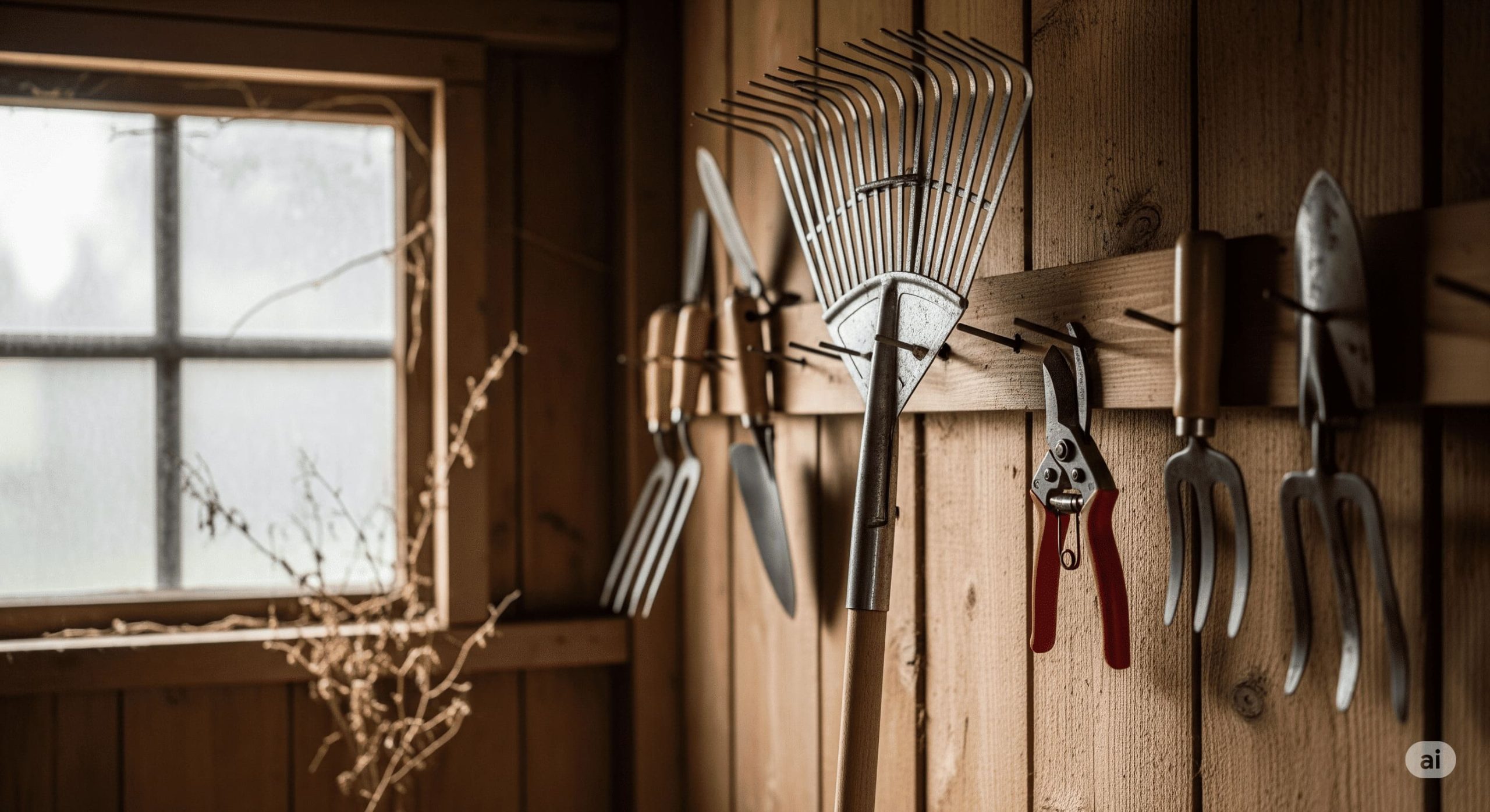 garden tools including a rake and pruners hanging neatly in a shed prepared for winter storage scaled
