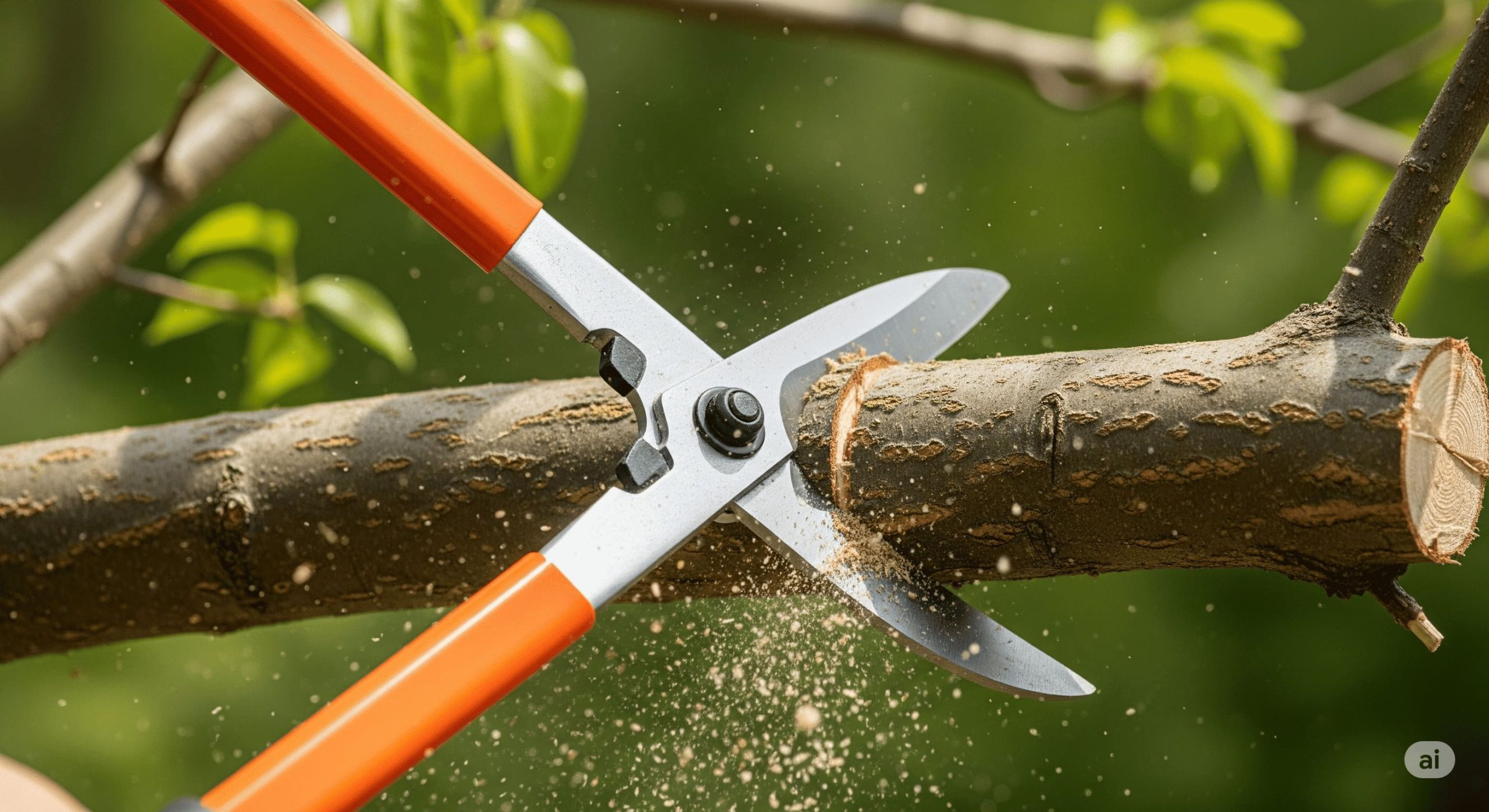long handled loppers effortlessly cutting through a thick tree branch scaled
