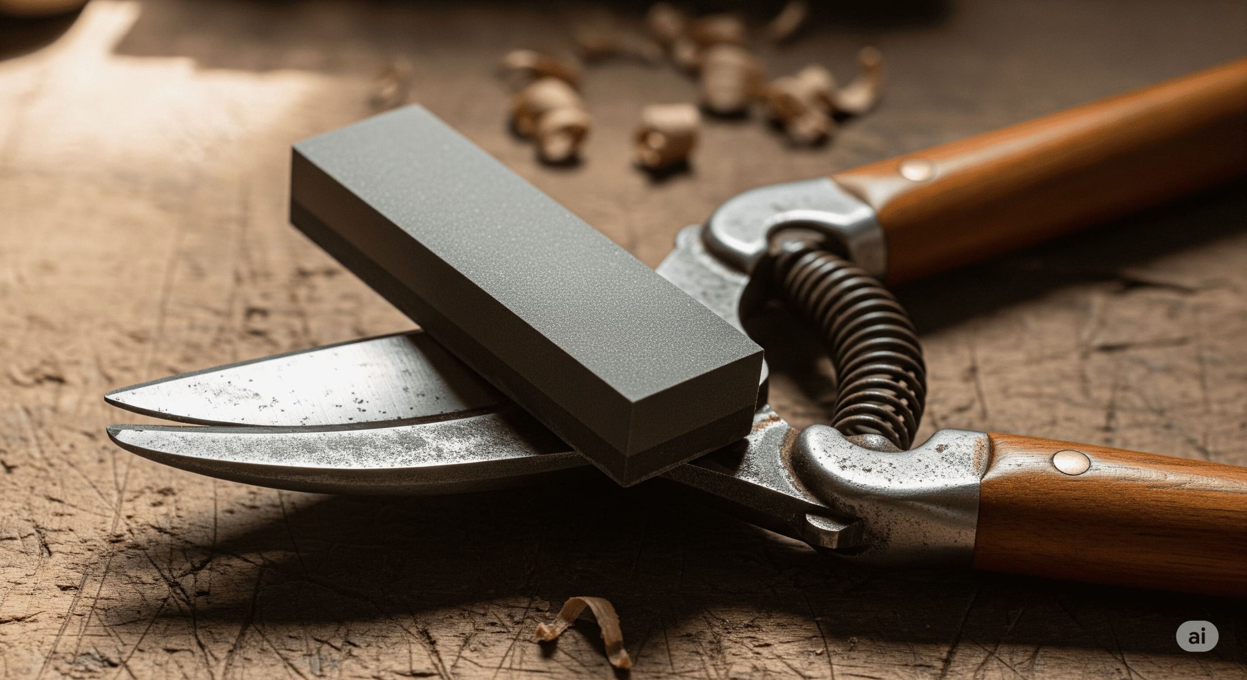 sharpening the blade of a pair of pruning shears with a sharpening stone scaled