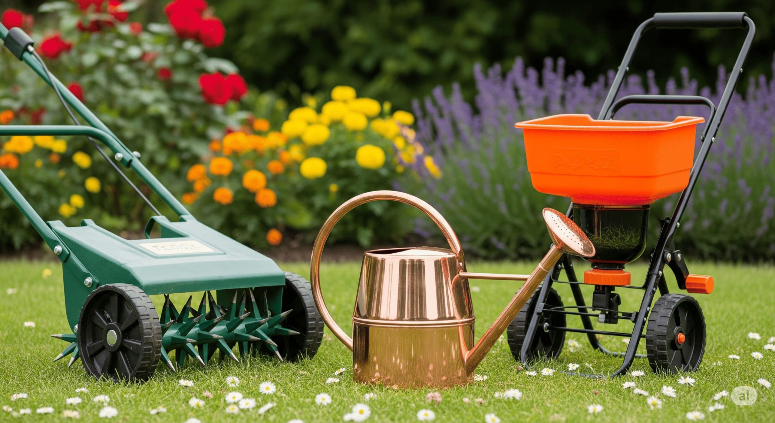 showcasing different specialty gardening tools like a lawn aerator a seed spreader and a stylish watering can scaled