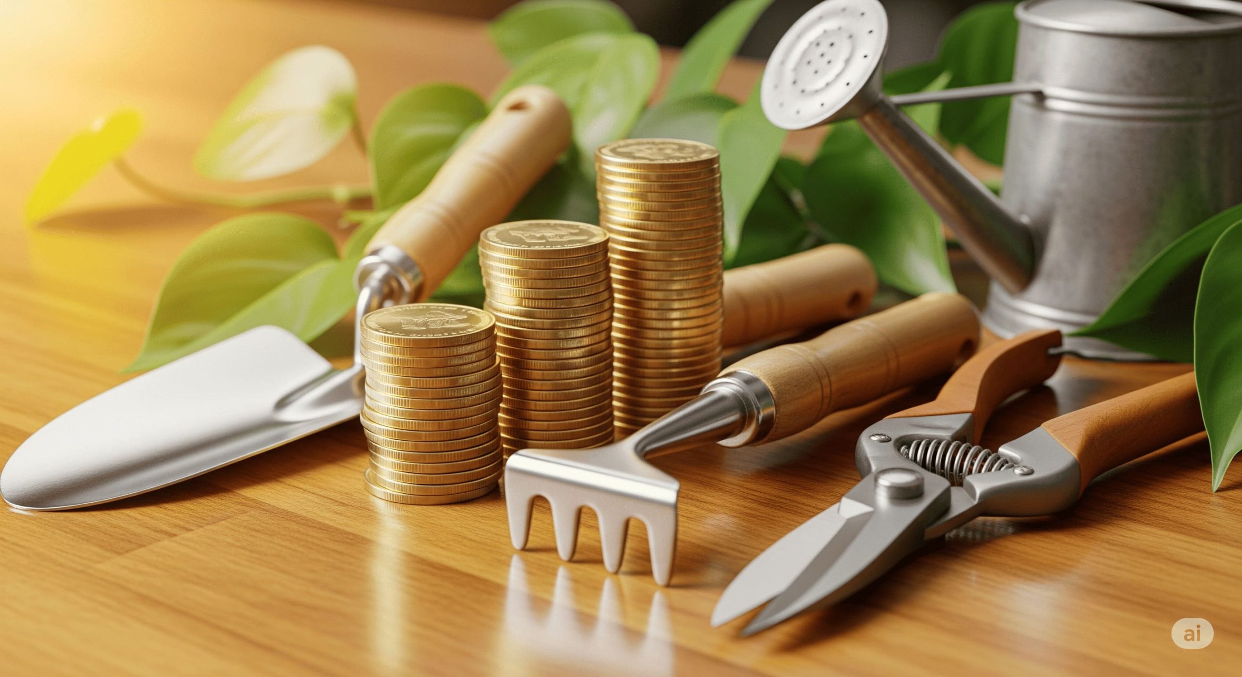 stacks of coins next to a few high quality gardening tools representing smart investment scaled