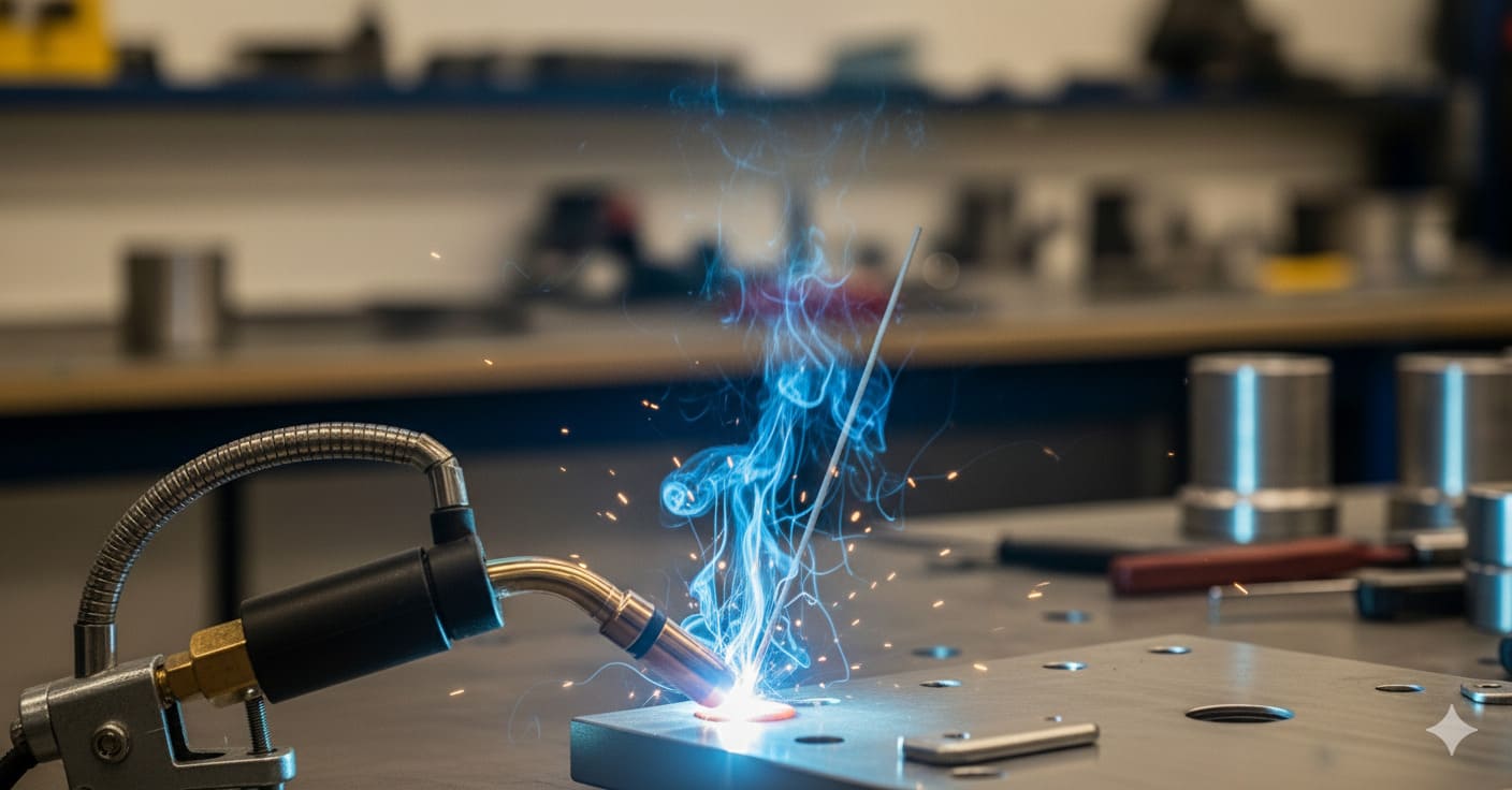 A close-up, dynamic photograph of a Heliarc (TIG) welding