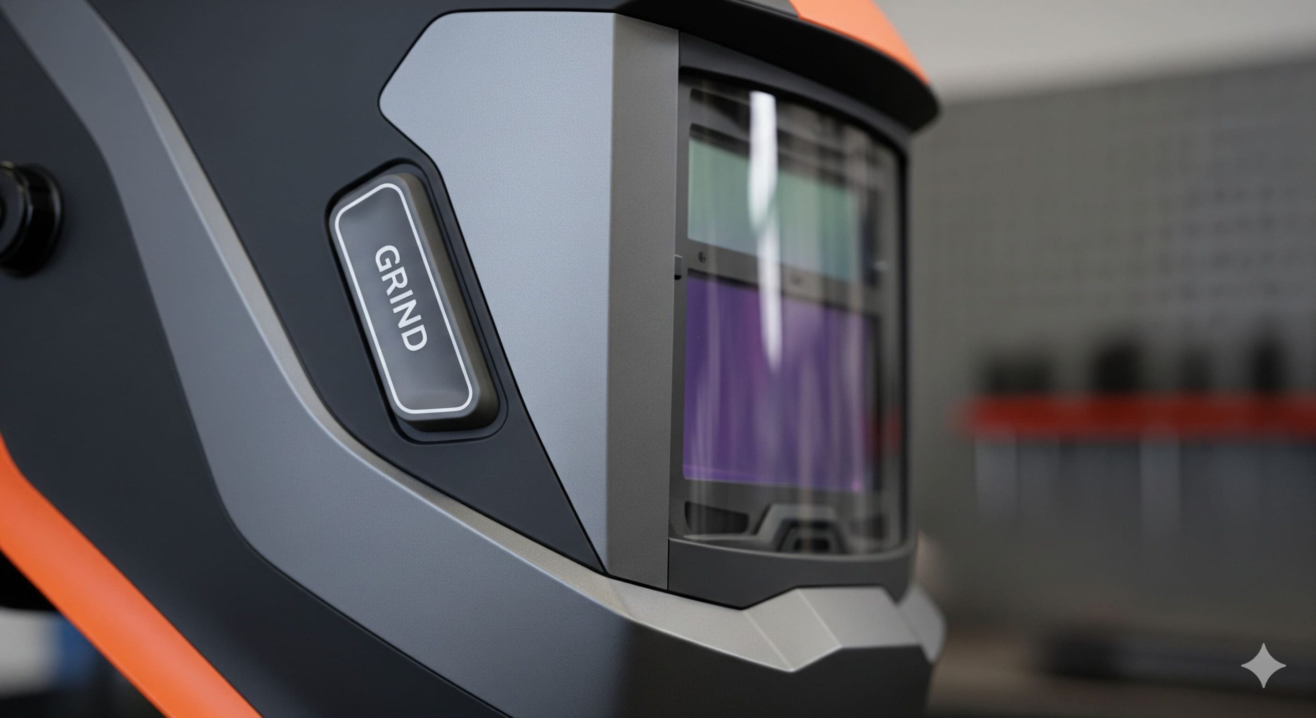 A close-up, high-detail shot of a modern auto-darkening welding helmet.