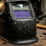 A close-up of a dirty, smudged welding helmet lens on a workbench, with spatter spots and fingerprints visible.