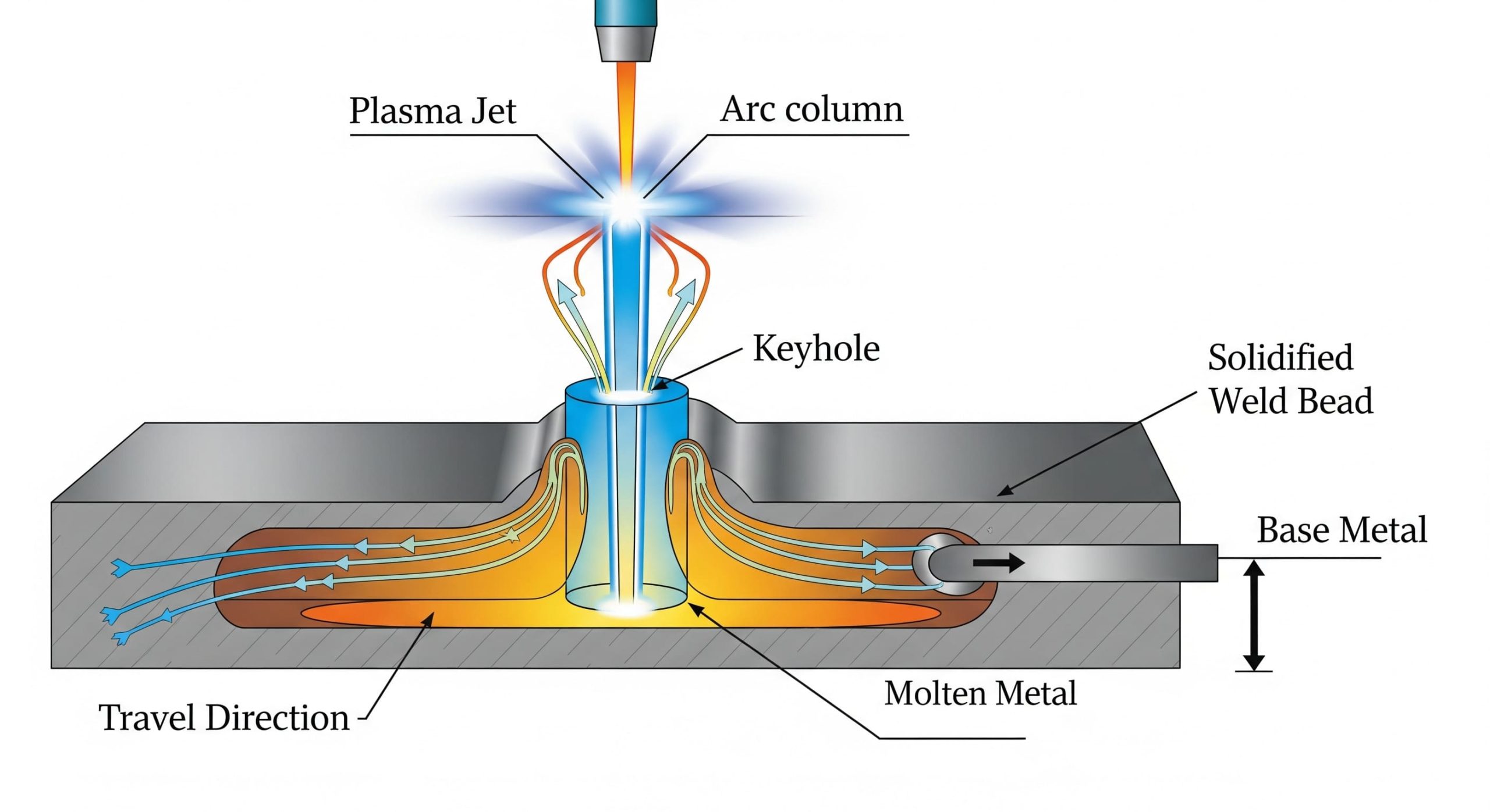 A cross-section diagram showing the keyhole effect in plasma arc welding on a thick metal plate.