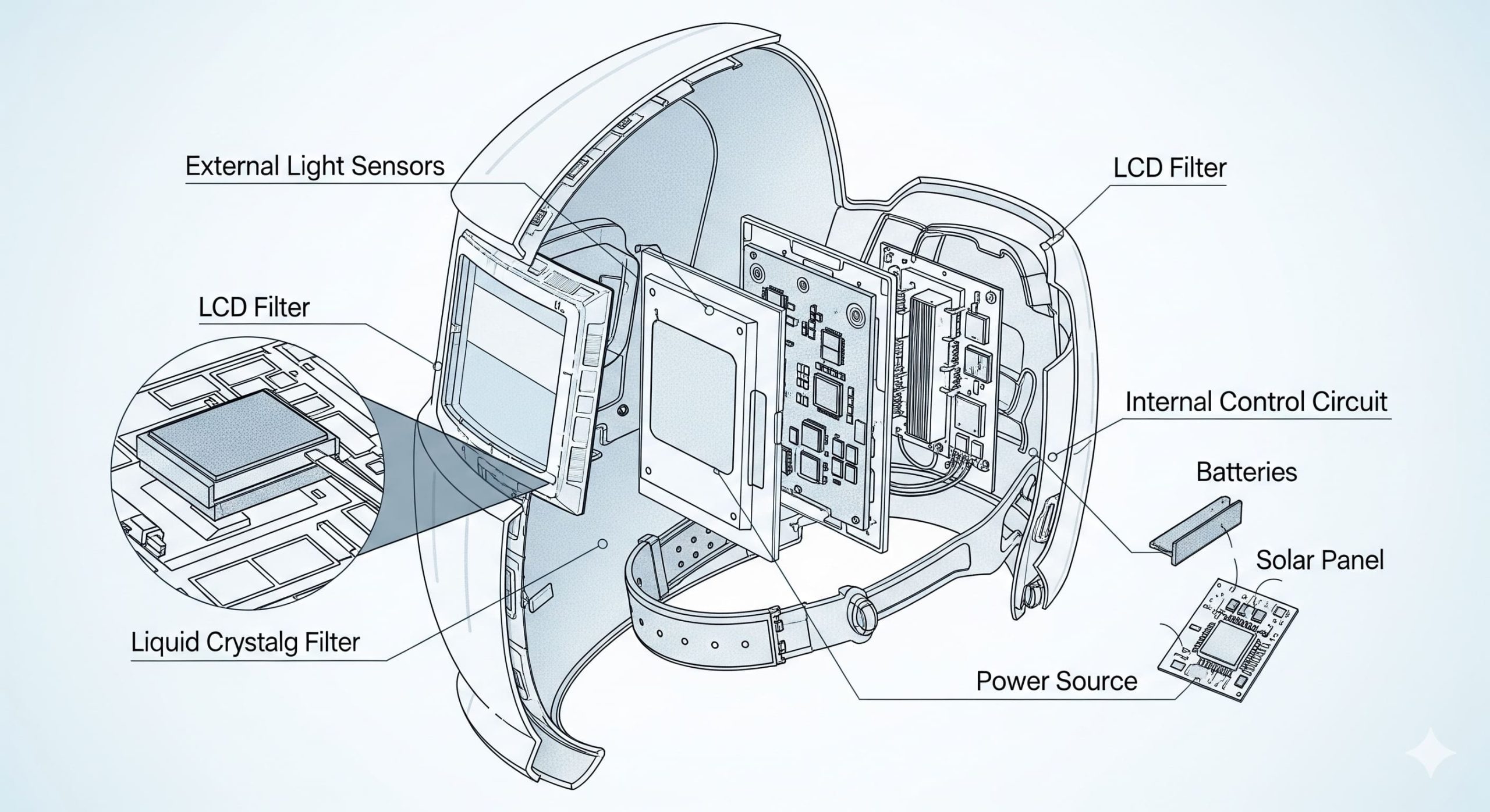 A detailed, cutaway diagram of a futuristic auto-darkening welding helmet.