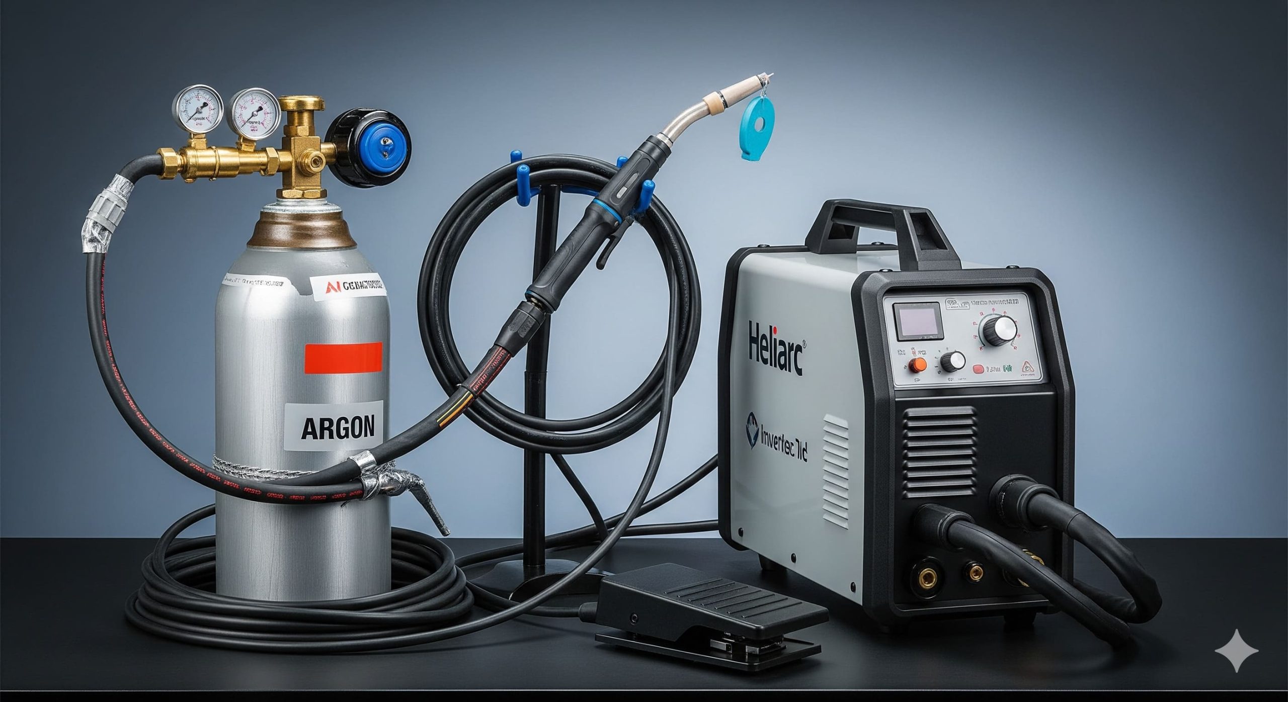 A detailed, professional studio photograph of a complete Heliarc welding setup.