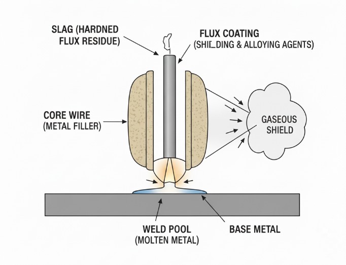 A diagram or cross section illustration showing the different parts of a shielded metal arc welding electrode