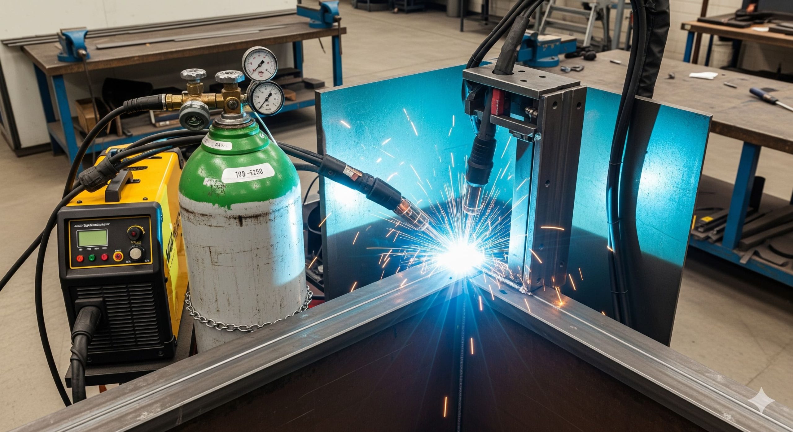 A high-angle, wide shot of a welding station. The focus is on the equipment and the welding process itself, with no person visible. A MIG welder machine sits next to a large gas cylinder with clear pressure gauges. The welding gun is held by a specialized mechanical arm or fixture, pointed at two pieces of thick steel joined at a corner. A bright, focused arc illuminates the weld point, and the area around it shows a fresh, clean weld bead. The workshop Best Gas for MIG Welding: environment is industrial, clean, and well-lit.