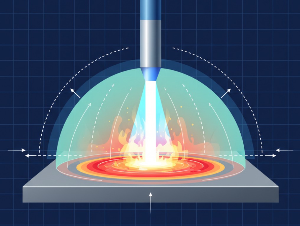 A stylized technical illustration of a welding arc in progress