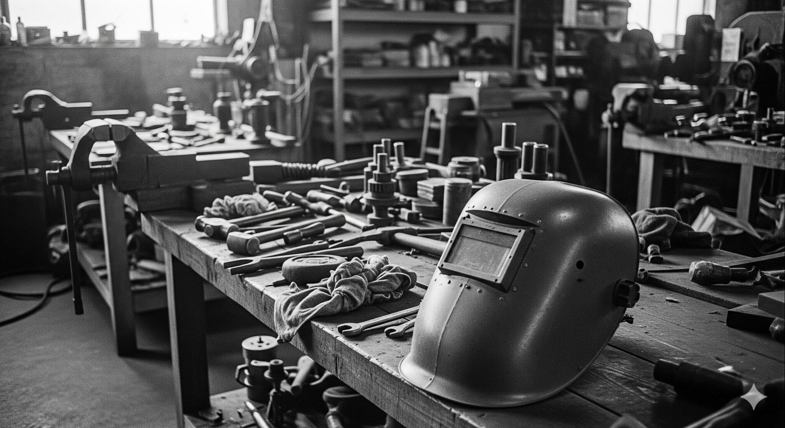 A vintage, black-and-white photo showing a welding helmet in the mid-20th century