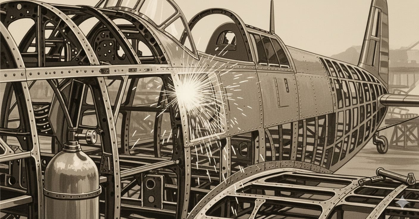 A vintage, sepia-toned illustration or photograph depicting the historical connection of Heliarc welding to aviation.