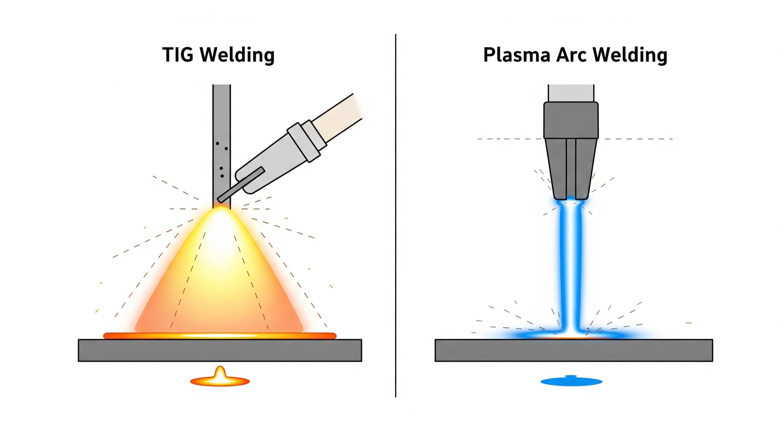 An artistic, scientific diagram illustrating the difference between TIG welding and plasma arc welding.