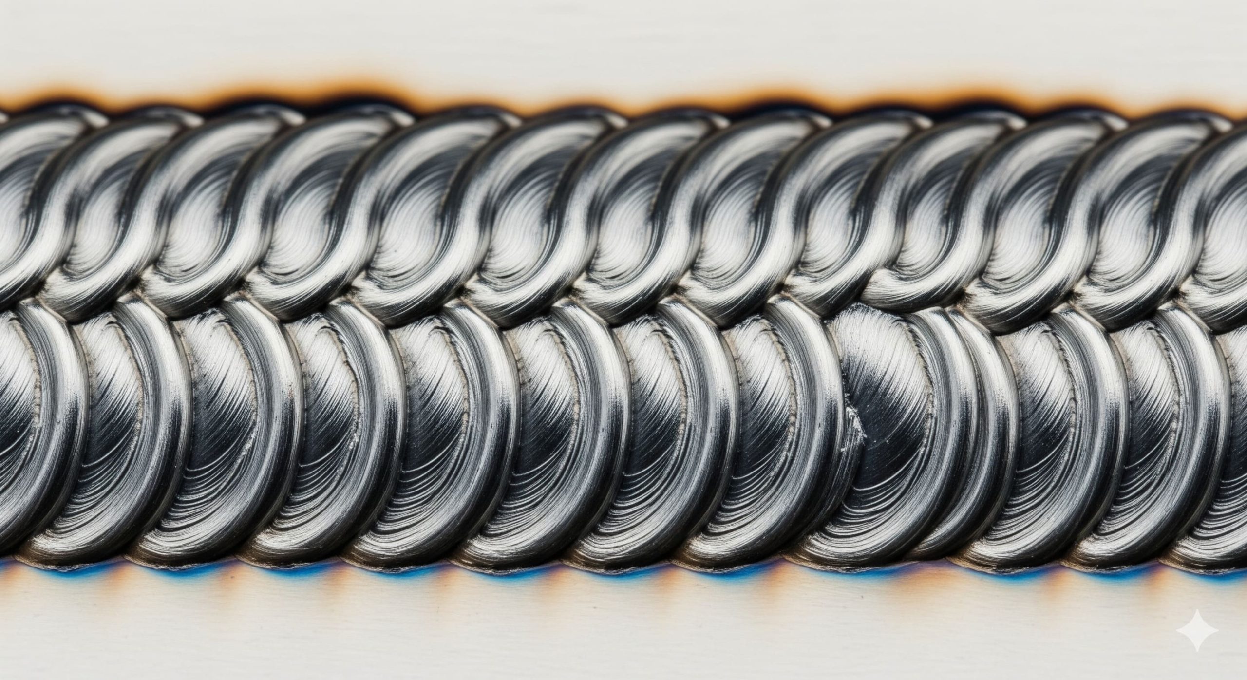 An extreme macro photograph of a perfectly executed Heliarc weld on stainless steel.