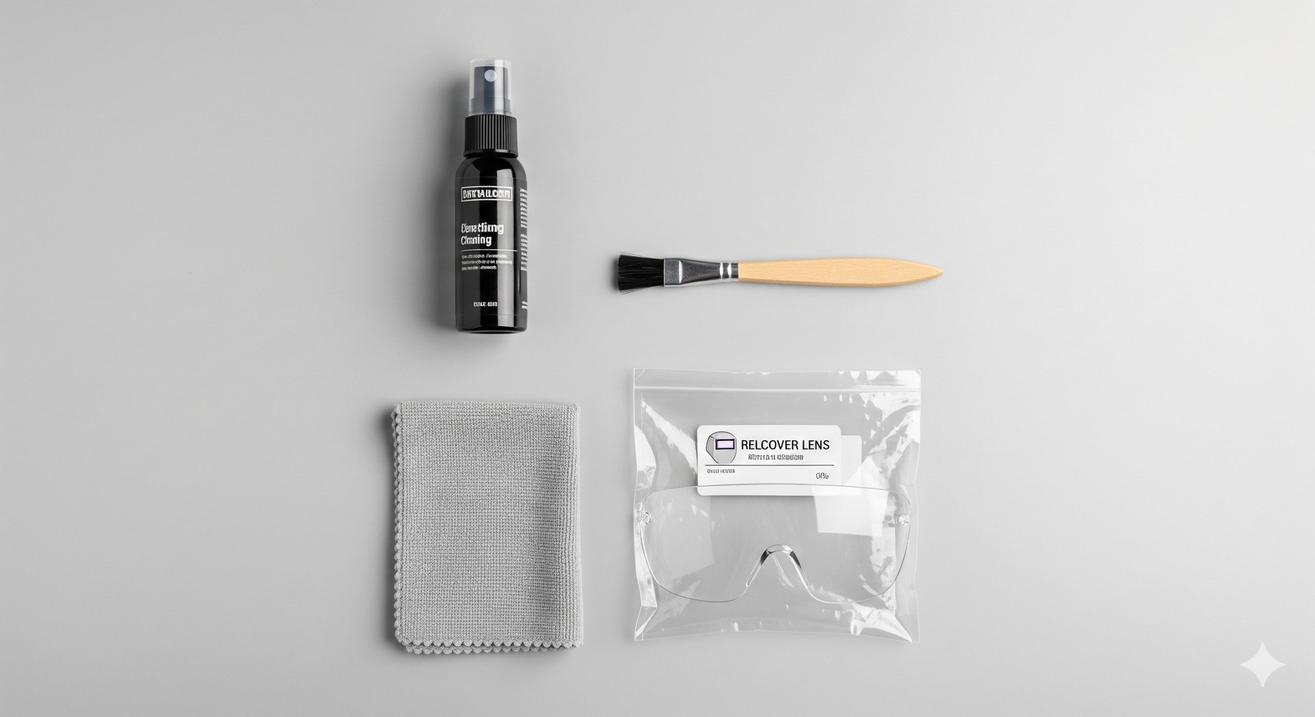 An organized flat lay of cleaning supplies for a welding helmet, including a microfiber cloth, lens cleaner, a soft brush, and a new lens.