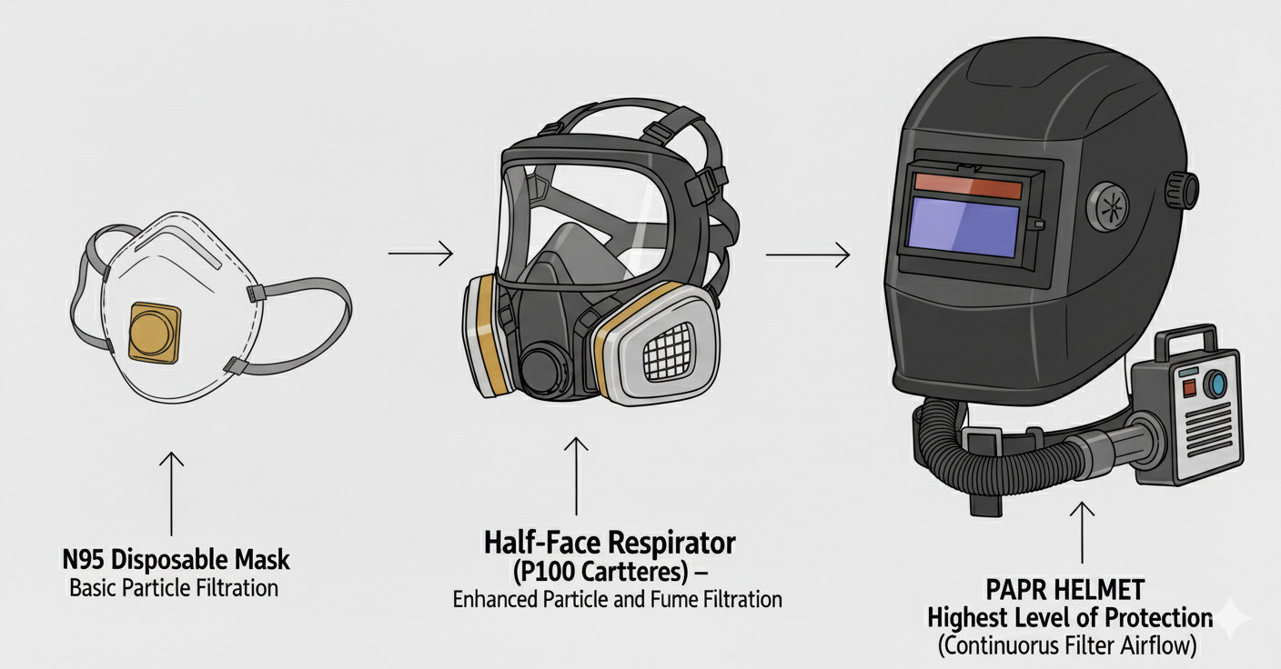 different types of respiratory protection for welding. Show an N95 mask, a half-face respirator, and an air-purifying respirator (PAPR) helmet.