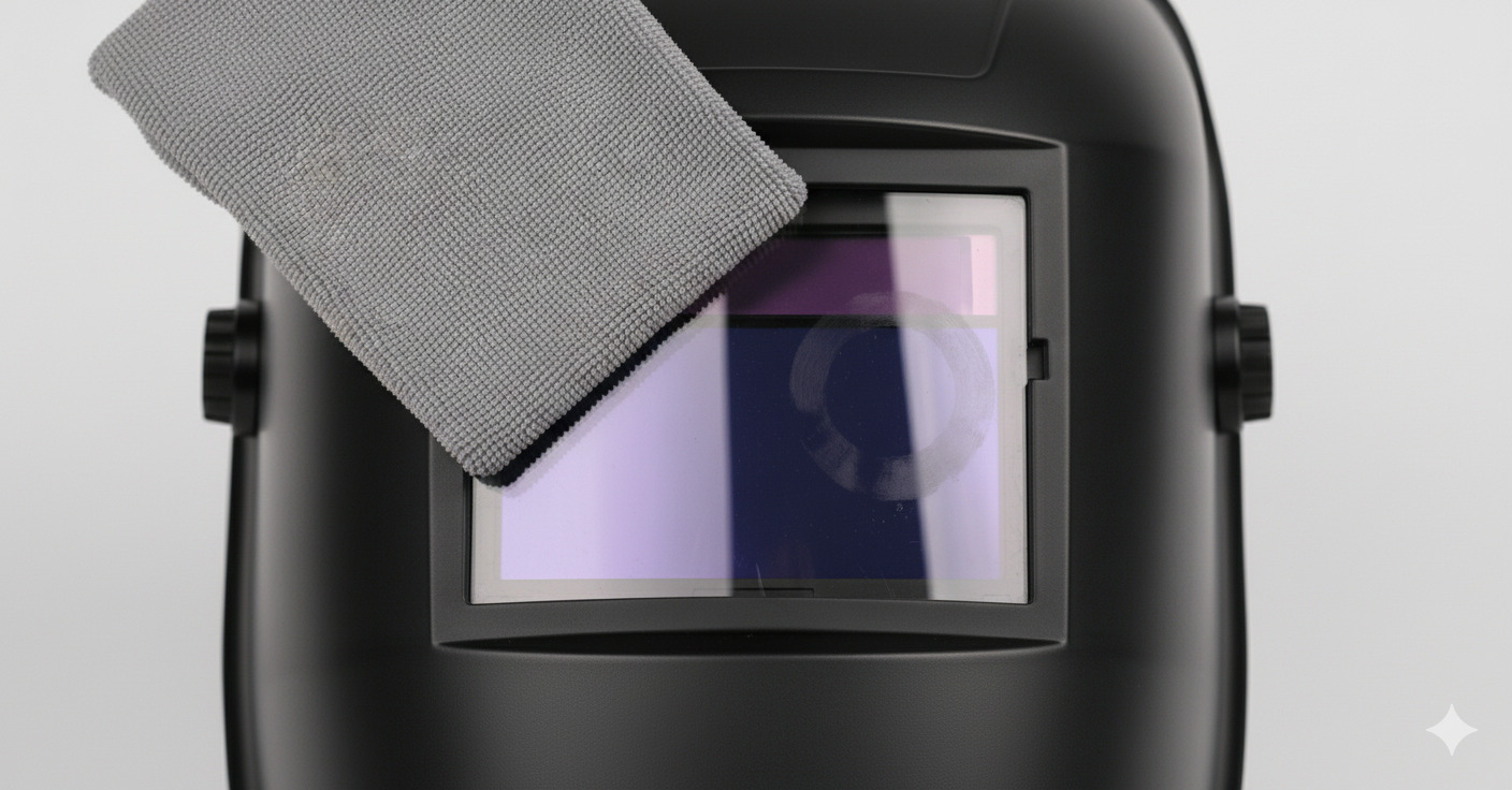 wiping a welding helmet's filter lens with a microfiber cloth.