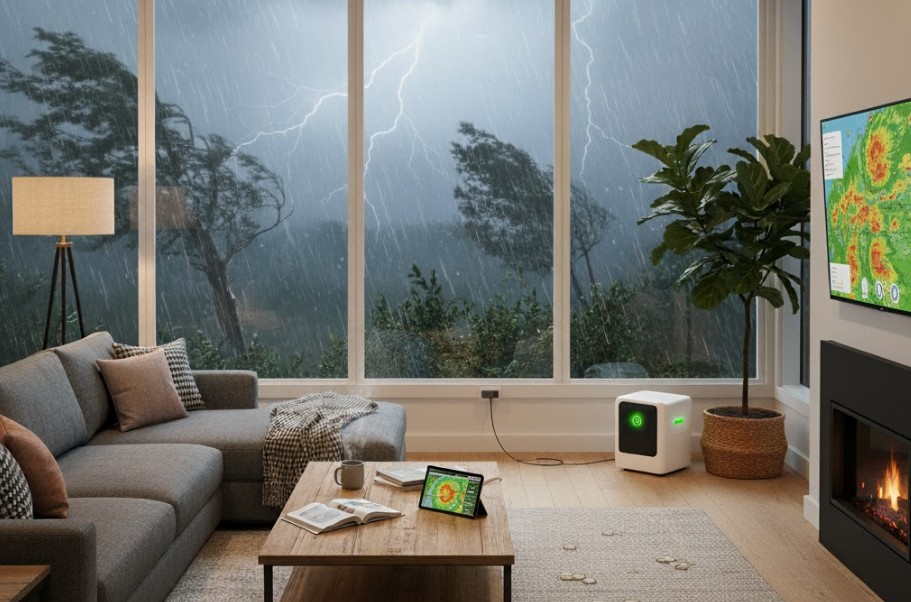 A cozy well lit modern living room interior during a heavy dark rainstorm visible outside a large window.