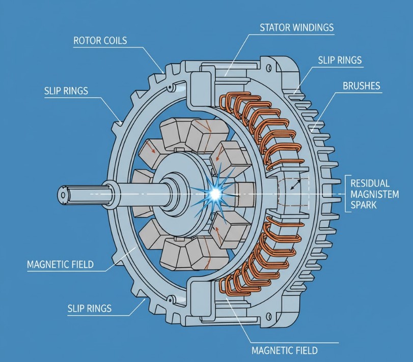 A detailed, cutaway diagram illustrating a generator's alternator
